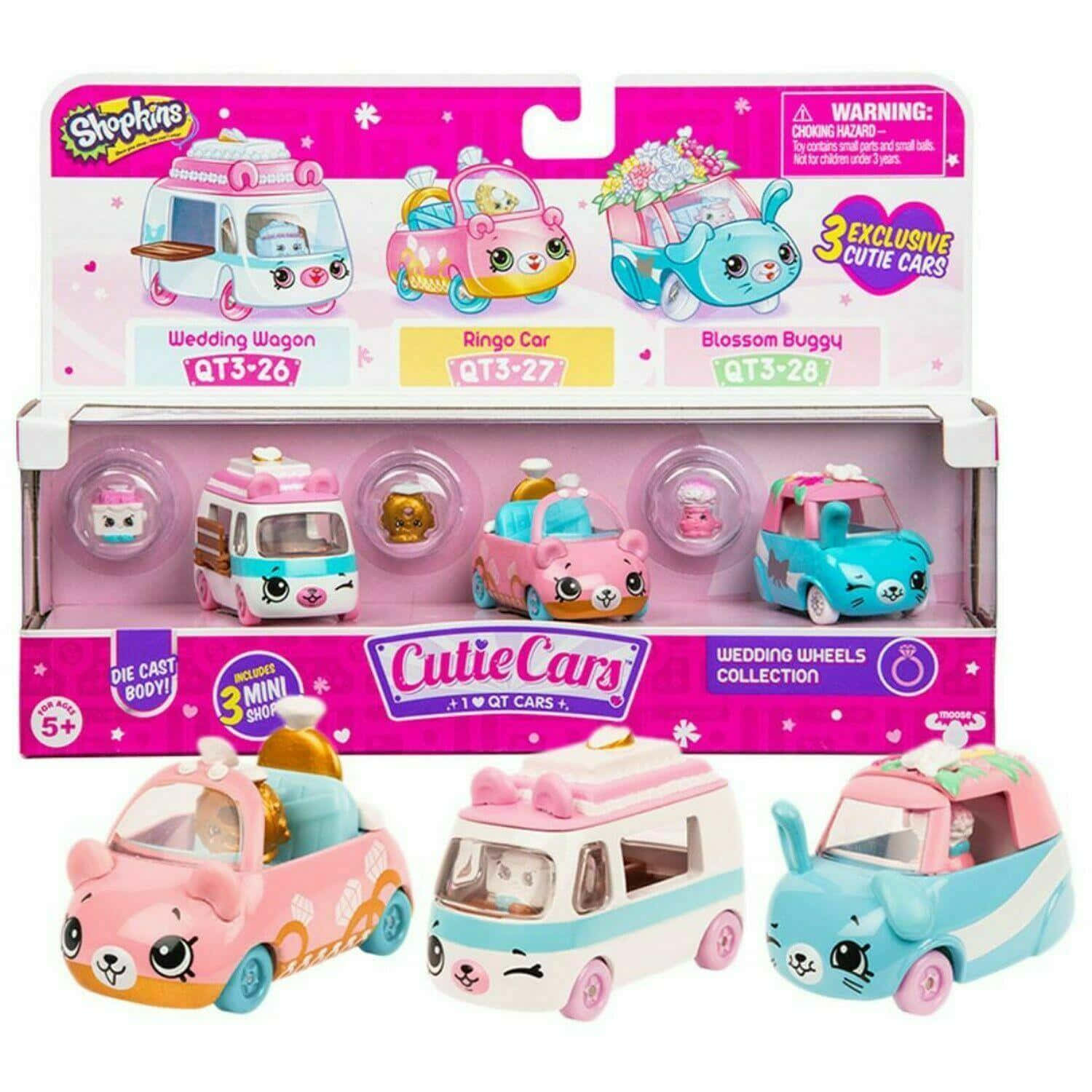 Shopkins 桌布 壁紙 — 三款色彩繽紛的Shopkins Cutie Cars，帶有可愛動物臉孔和粉彩設計，展示在粉紅色包裝中。