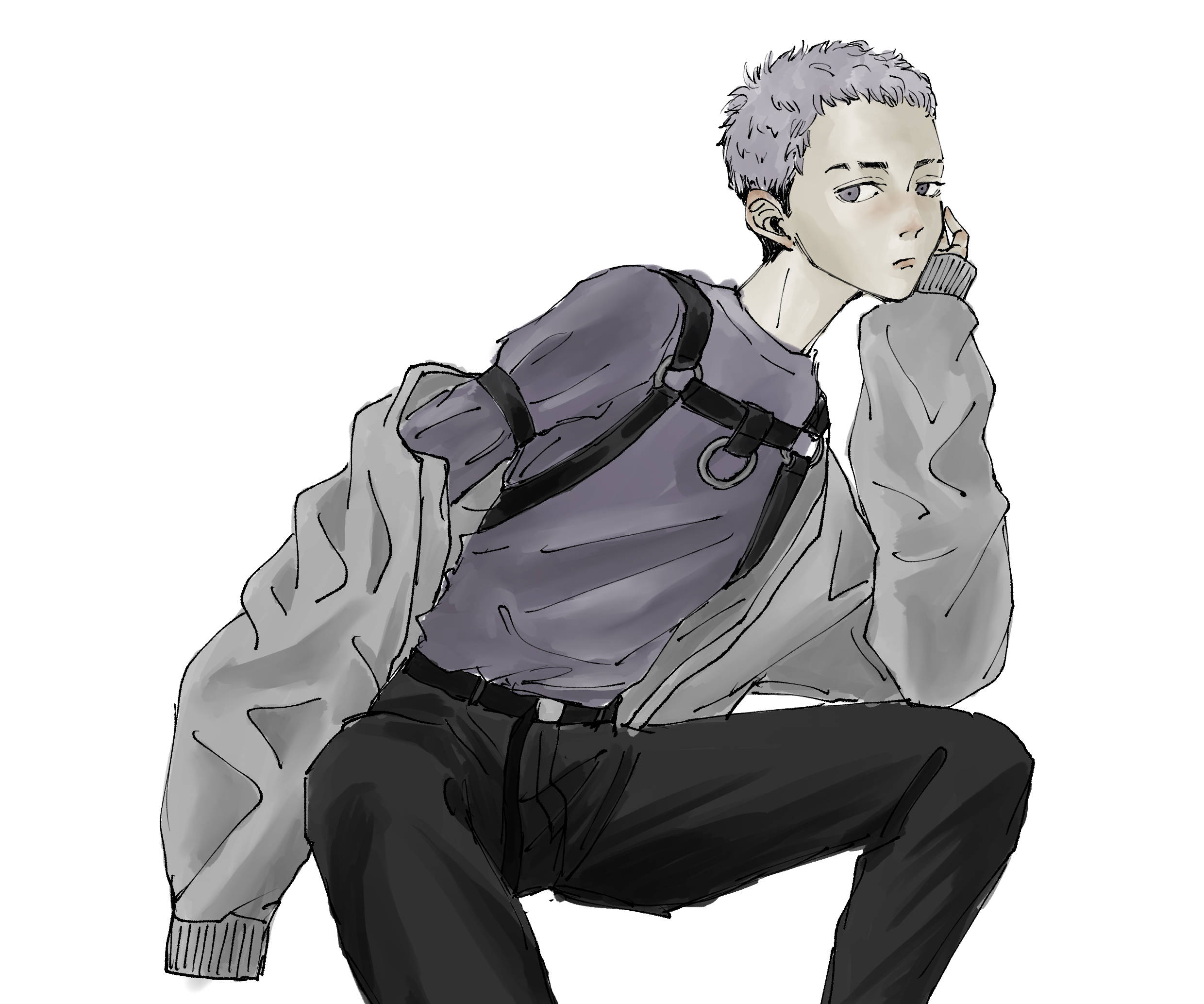 三浦剛素描藝術 壁紙 — 一個風格化的動漫男孩，灰色頭髮，沉思地蹲坐著，穿著灰色連帽衫和黑色背帶，背景是純白色。