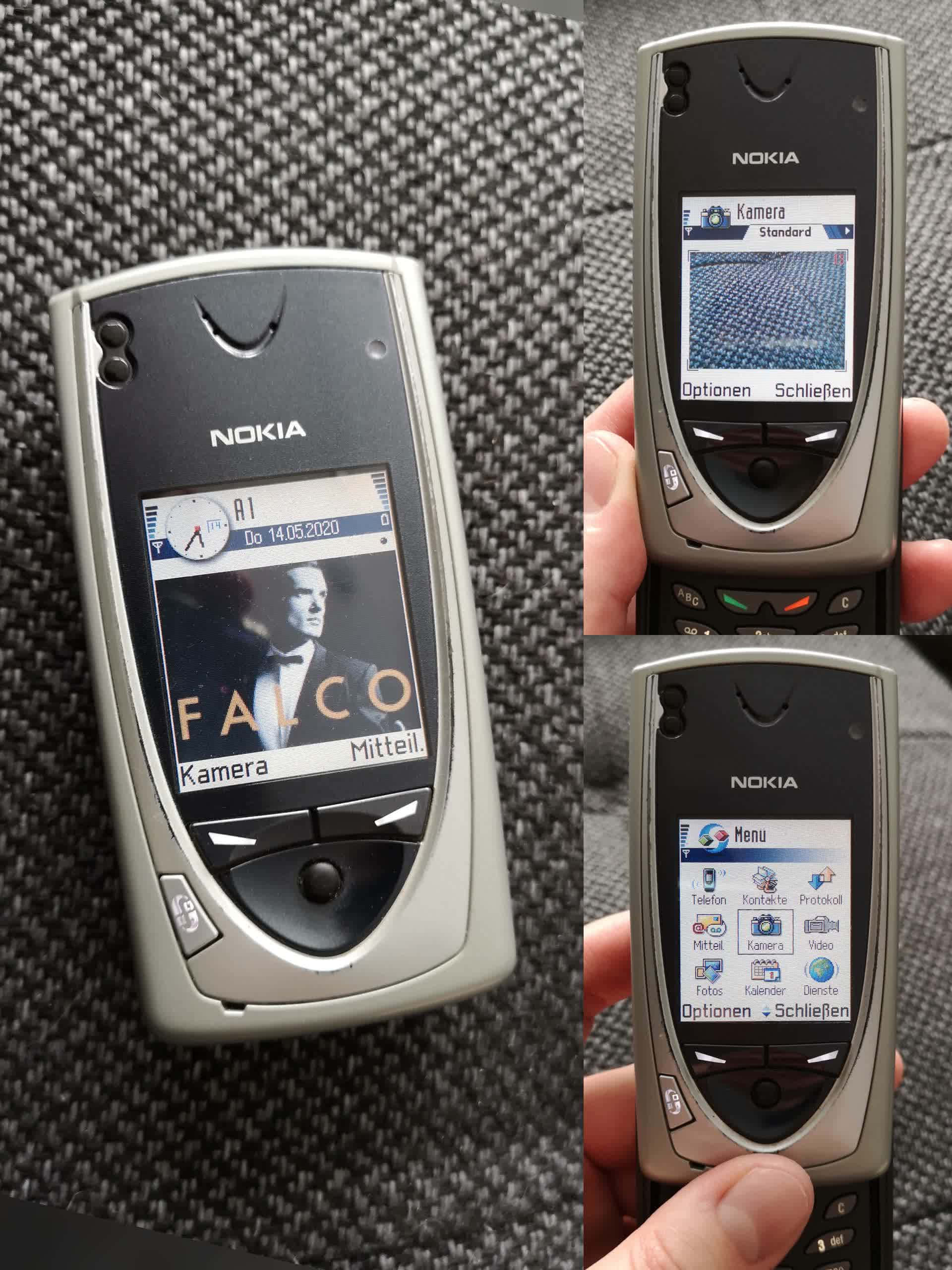 Nokia 桌布 壁紙 — 三種視角的銀色Nokia手機拼貼圖，顯示其相機應用程式和選單，背景為紋理灰色表面。