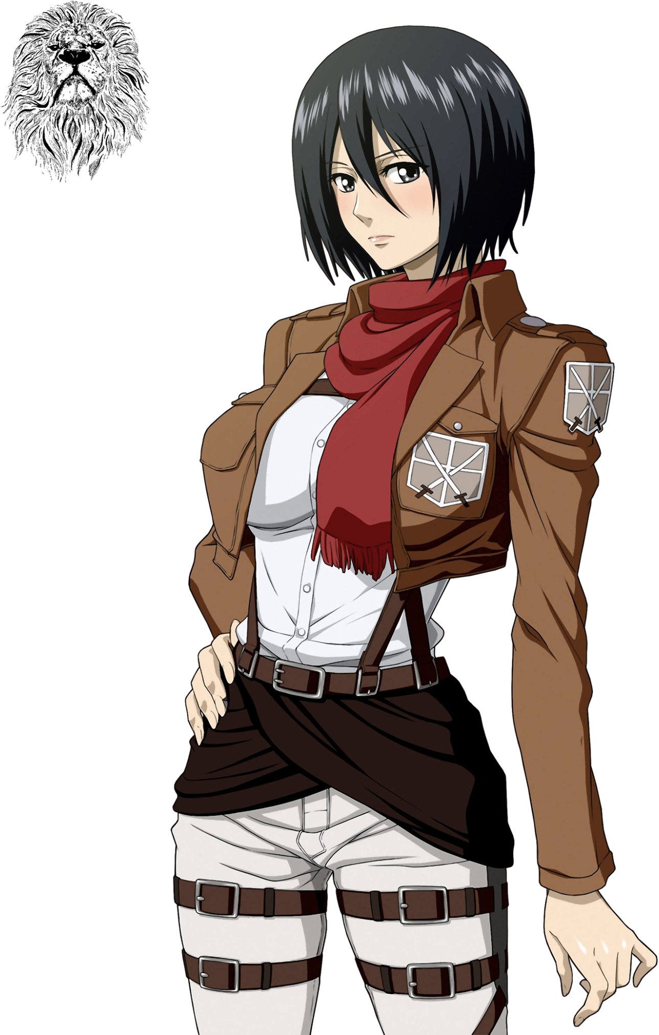 三笠·阿克曼偵察兵隊制服 壁紙 — 動漫女孩穿著棕色軍服，戴紅色圍巾和背帶，站在黑色背景前。