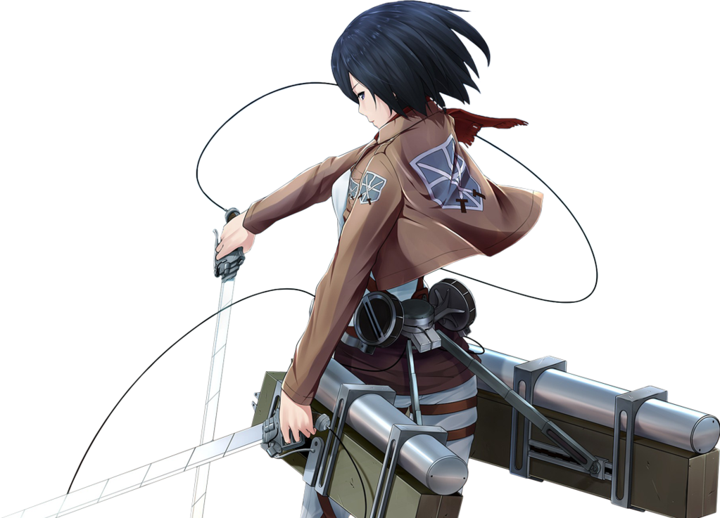 三笠·阿克曼戰鬥準備 壁紙 — 動漫女孩身穿棕色制服，配備裝備和劍，準備在黑色背景下行動。