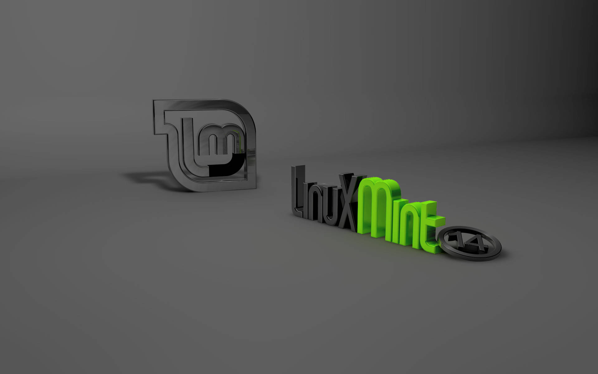 三維Linux Mint 14作業系統標誌 壁紙 — 一個時尚的Linux Mint標誌3D渲染，採用金屬灰色和鮮綠色字母，置於簡約灰色工作室地板上。