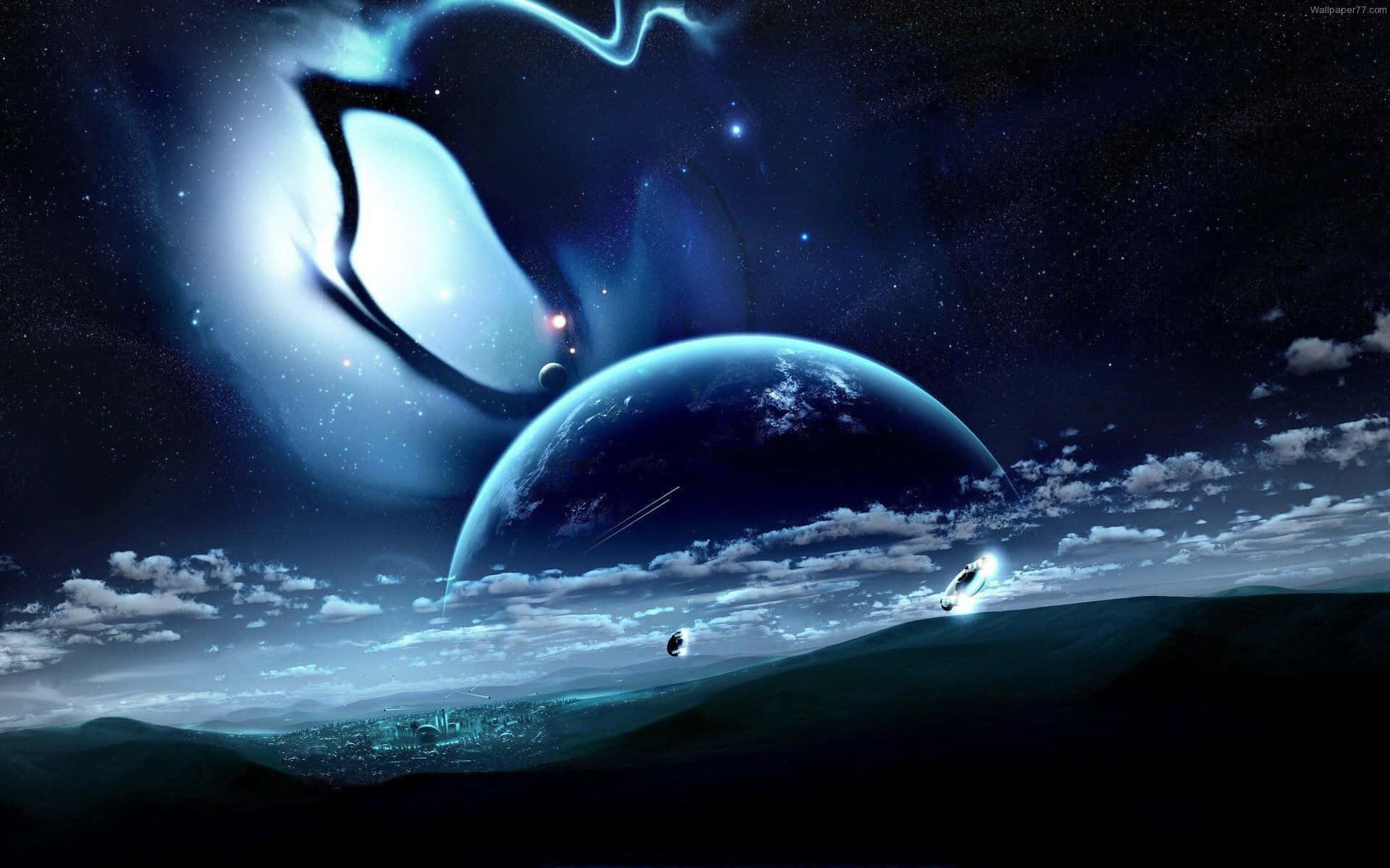 一顆藍色行星和發光的星雲懸浮在有飛行太空船的山脈之上。