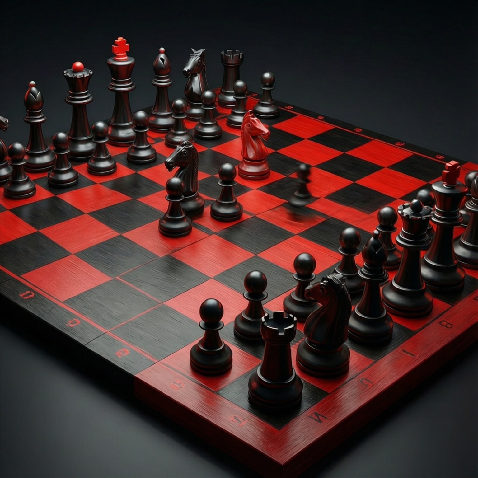一個棋盤，帶有黑色和紅色棋子，在戲劇性的燈光下排列好準備遊戲。