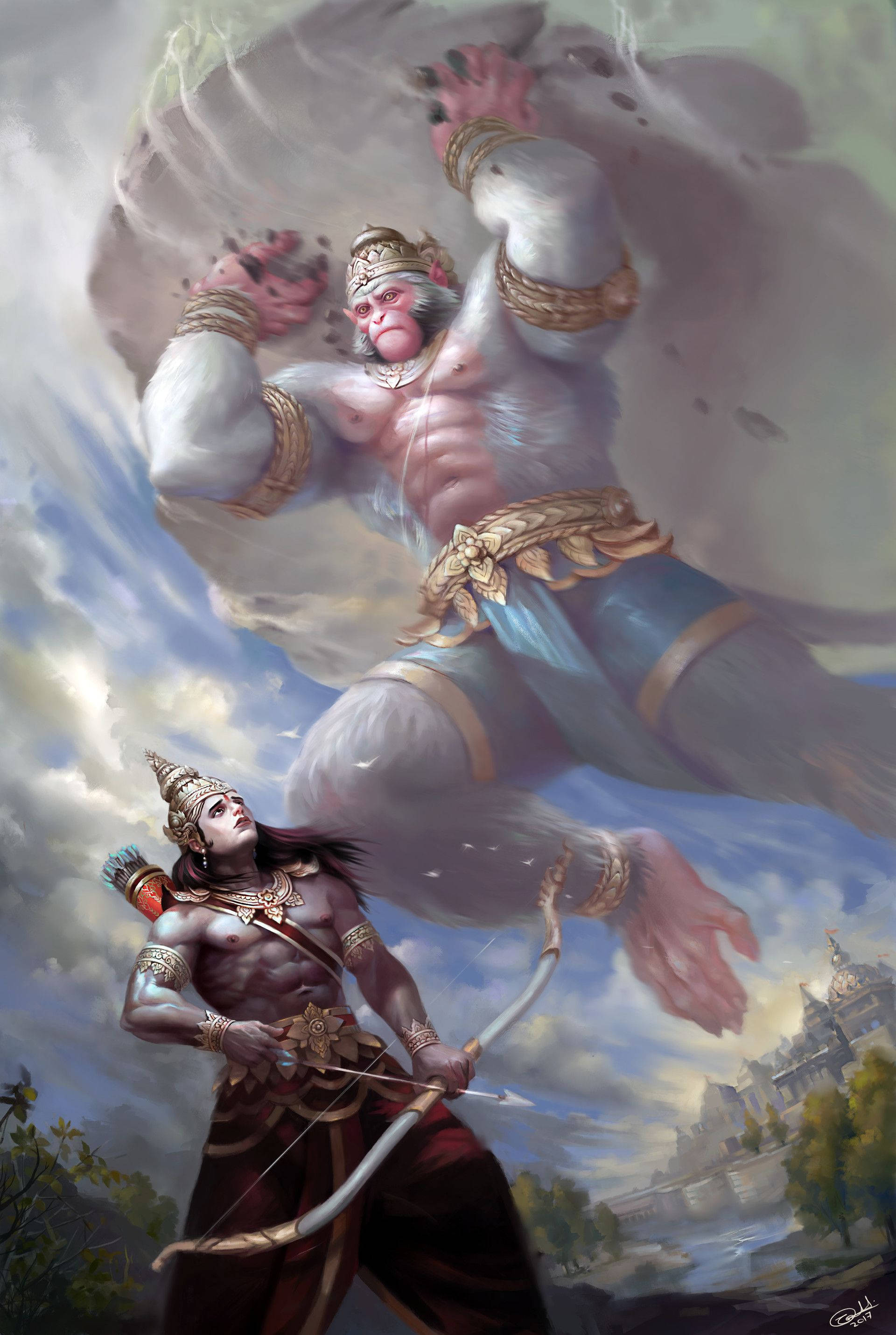 三維漢uman神救拉克什曼 壁紙 — 一個巨大的猴神扔出一塊巨石，而一個持弓的戰士站在下方，天空戲劇性。