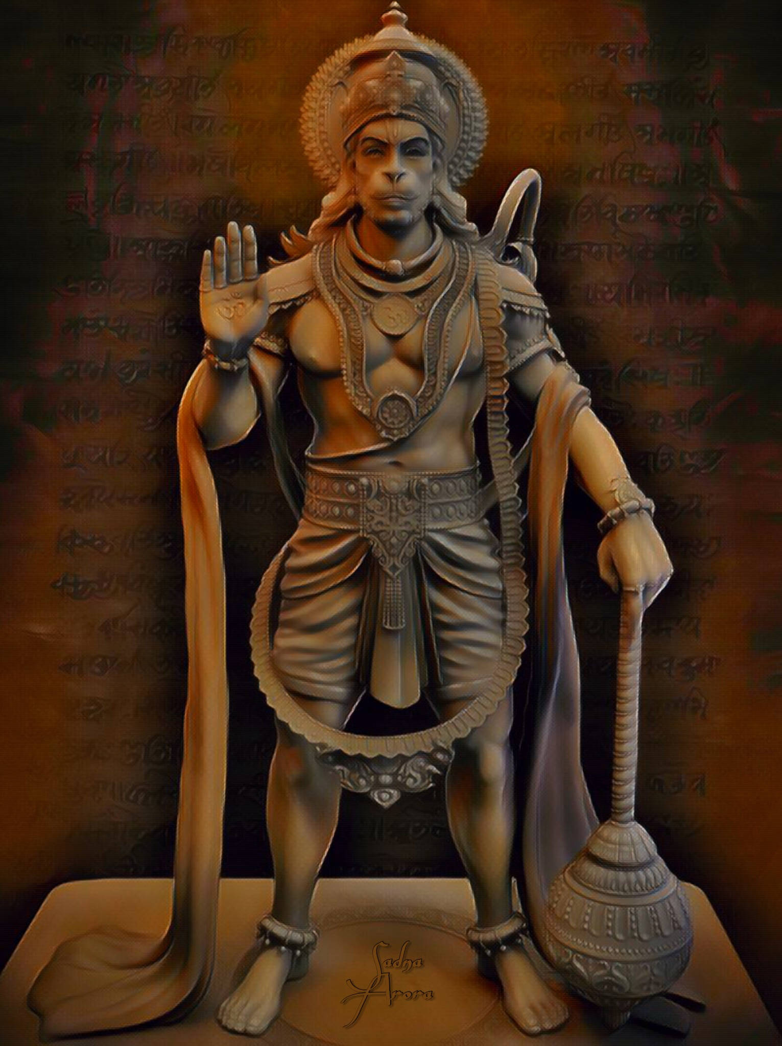 三維陶土漢uman神雕塑 壁紙 — 一個詳細的3D渲染哈努曼雕像，以英雄姿勢手持狼牙棒和舉起的手，背景是古代文字。