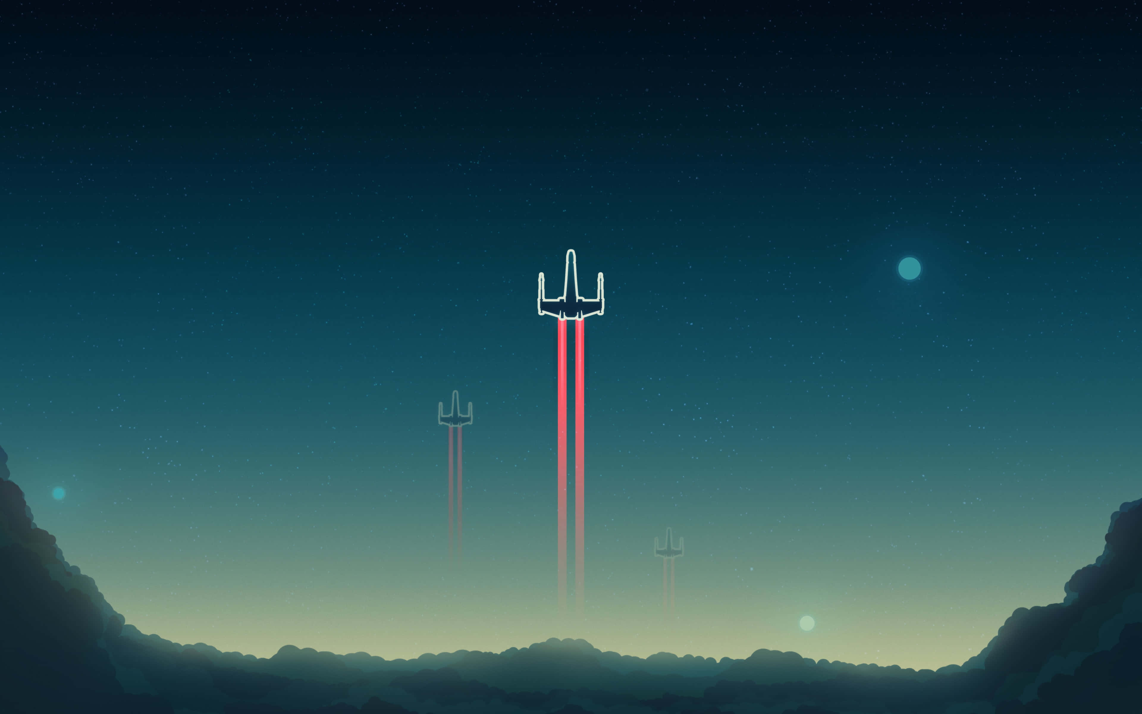 X-wing Fighter 桌布 壁紙 — 三艘發光的太空船在星空暮色中翱翔，越過剪影山脈，遠處行星可見。