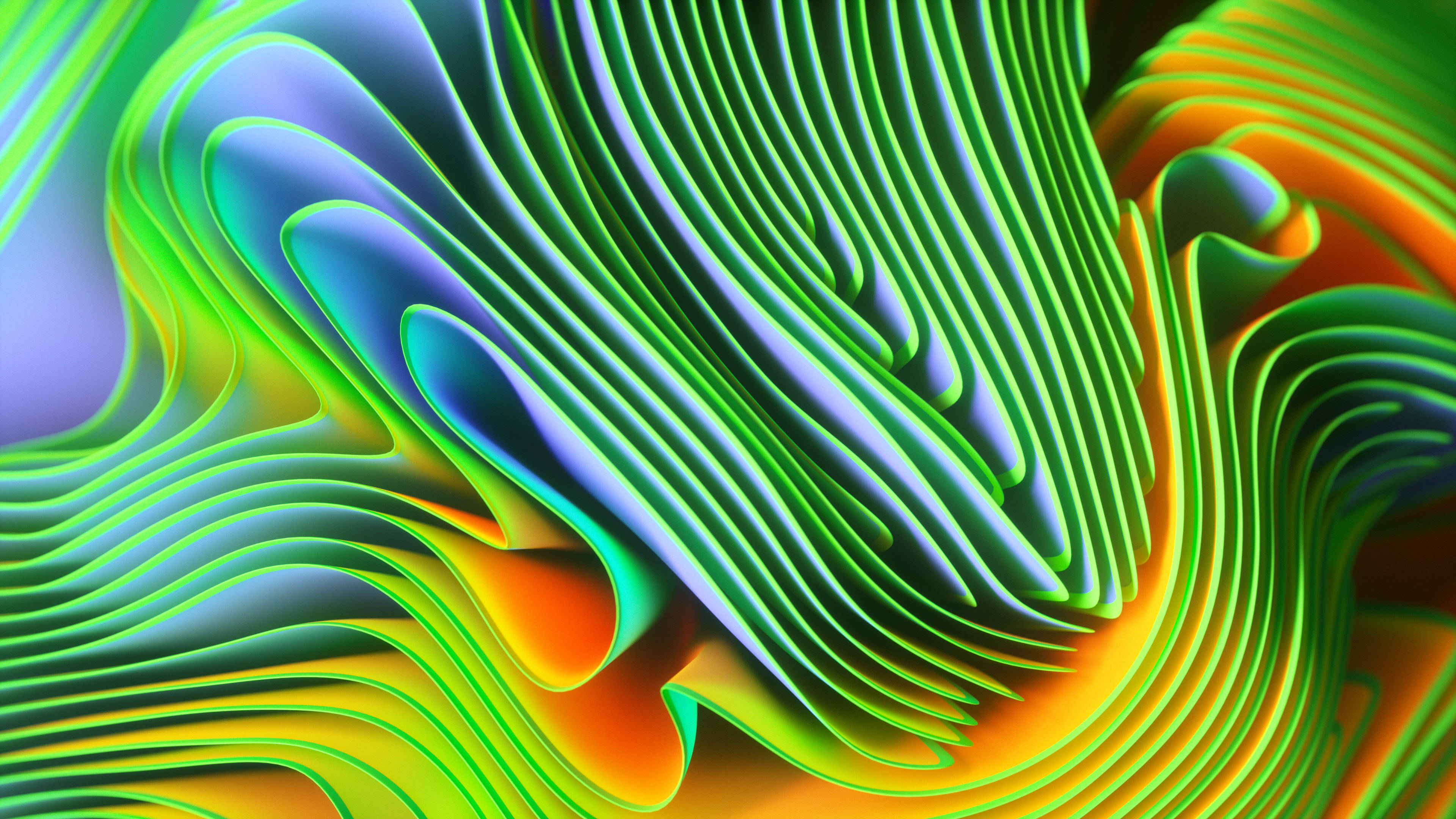 三色紋理 4D 超高清 壁紙 — 充滿活力的綠色、藍色和橙色霓虹波浪以平滑起伏的曲線流動，形成動態的數碼抽象圖案。