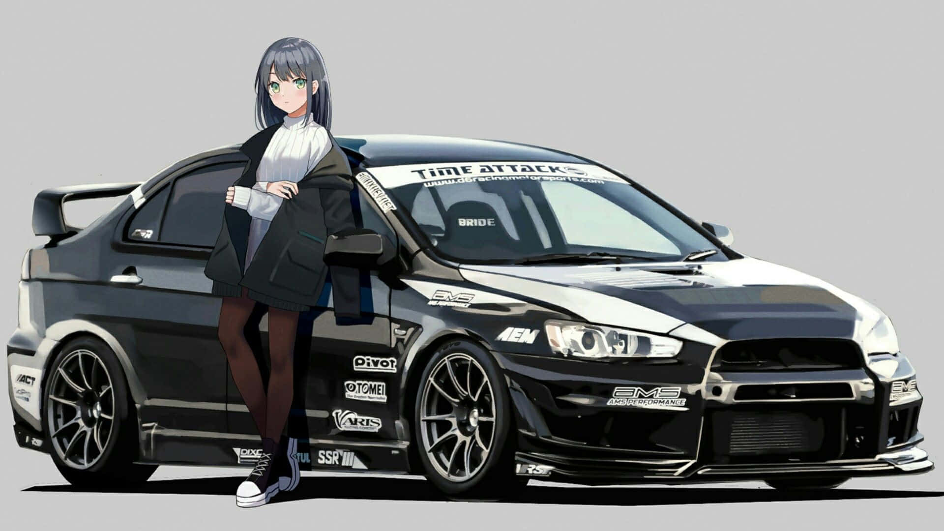 動漫女孩靠在一輛帶有贊助商貼紙的改裝賽車上。 — 動漫女孩 壁紙