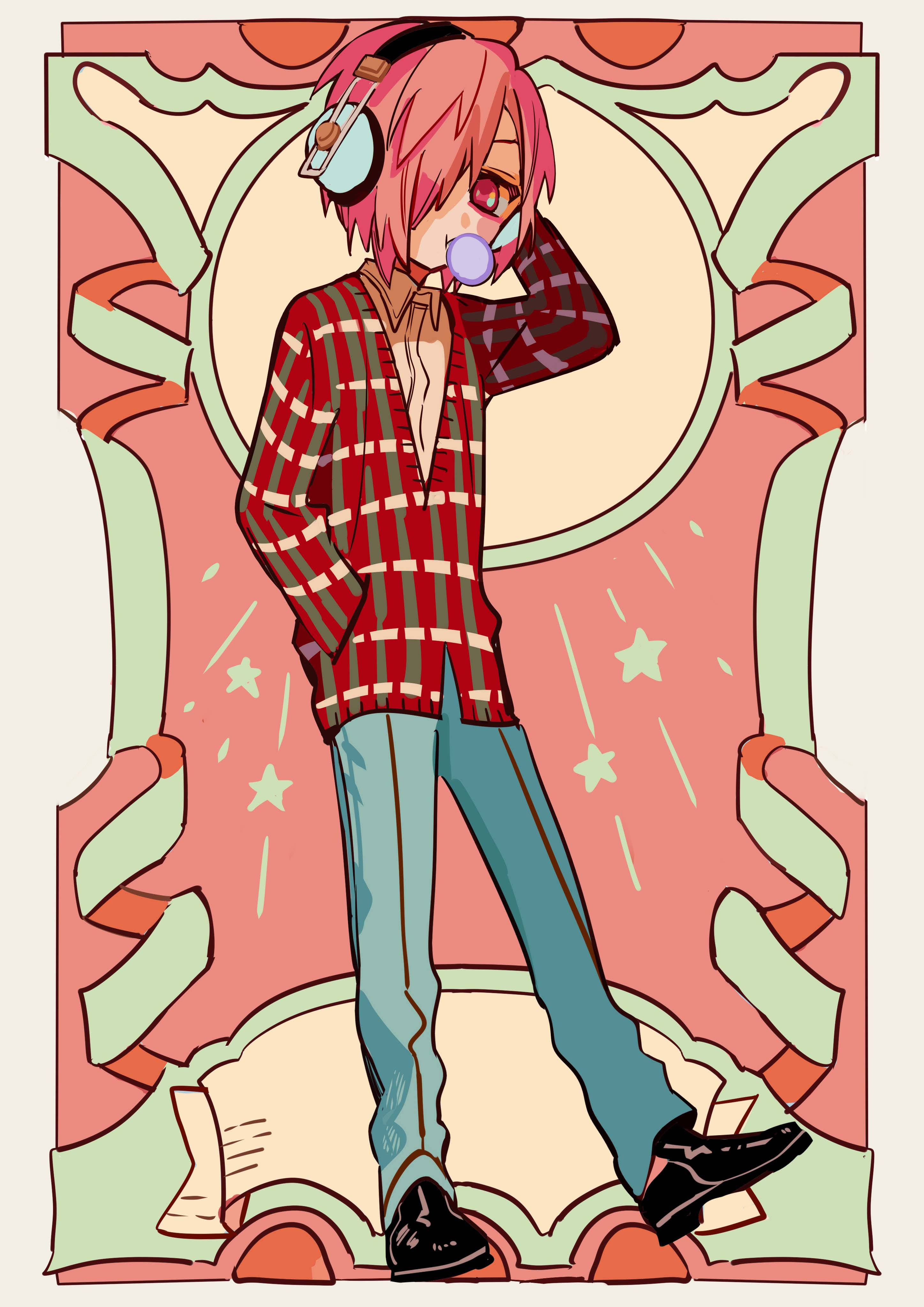 三葉 Sousuke 創意繪畫 壁紙 — 一個粉紅色頭髮的動漫角色穿著紅色格仔恤衫，戴著耳機，在裝飾性的粉紅色和綠色背景前吹泡泡糖。