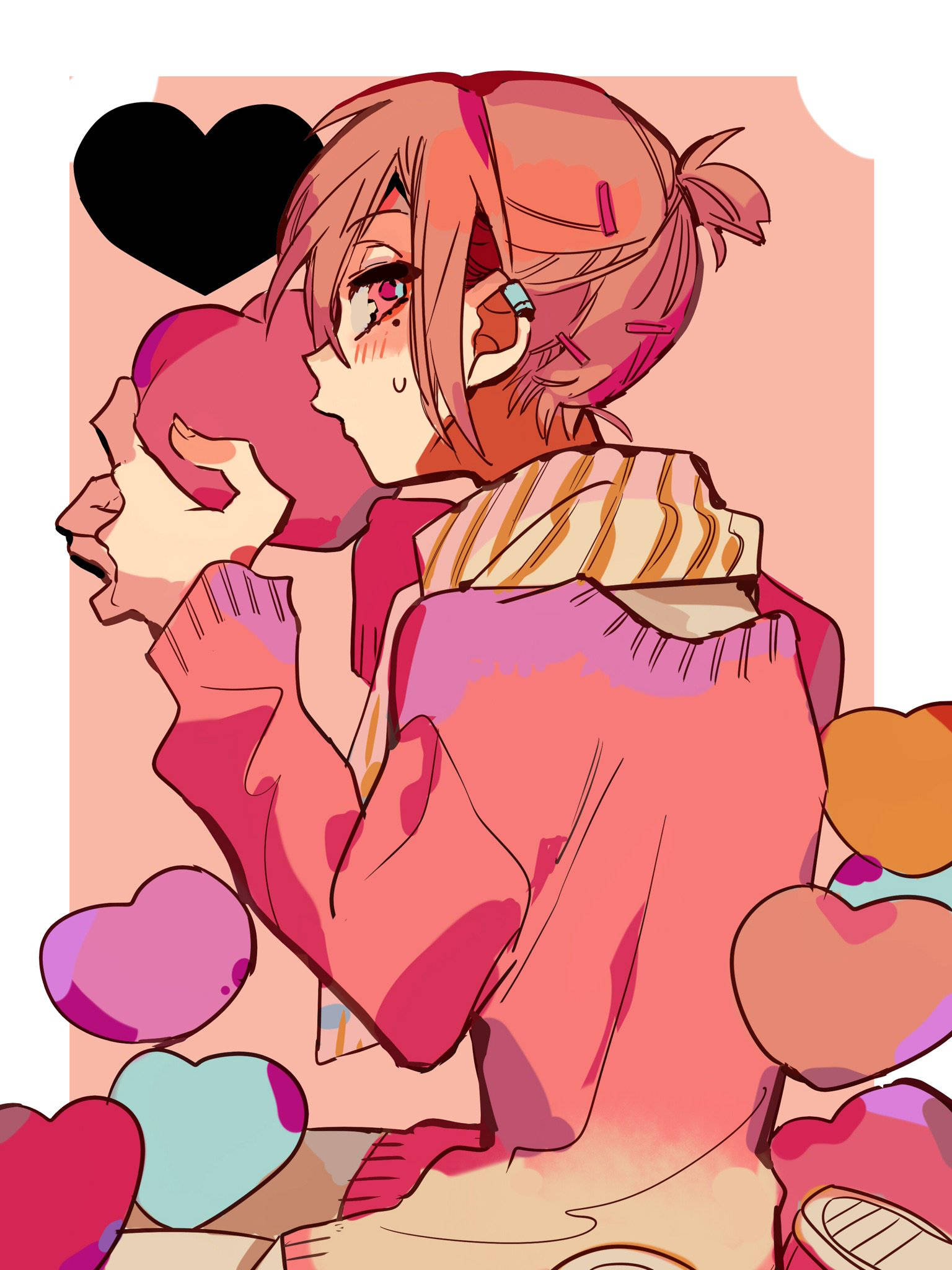 三葉 Sousuke 色彩心形 壁紙 — 一位粉紅色頭髮的動漫女孩穿著舒適的毛衣，抱著一個被漂浮的心形包圍的巨大心形，背景是柔和的粉紅色。