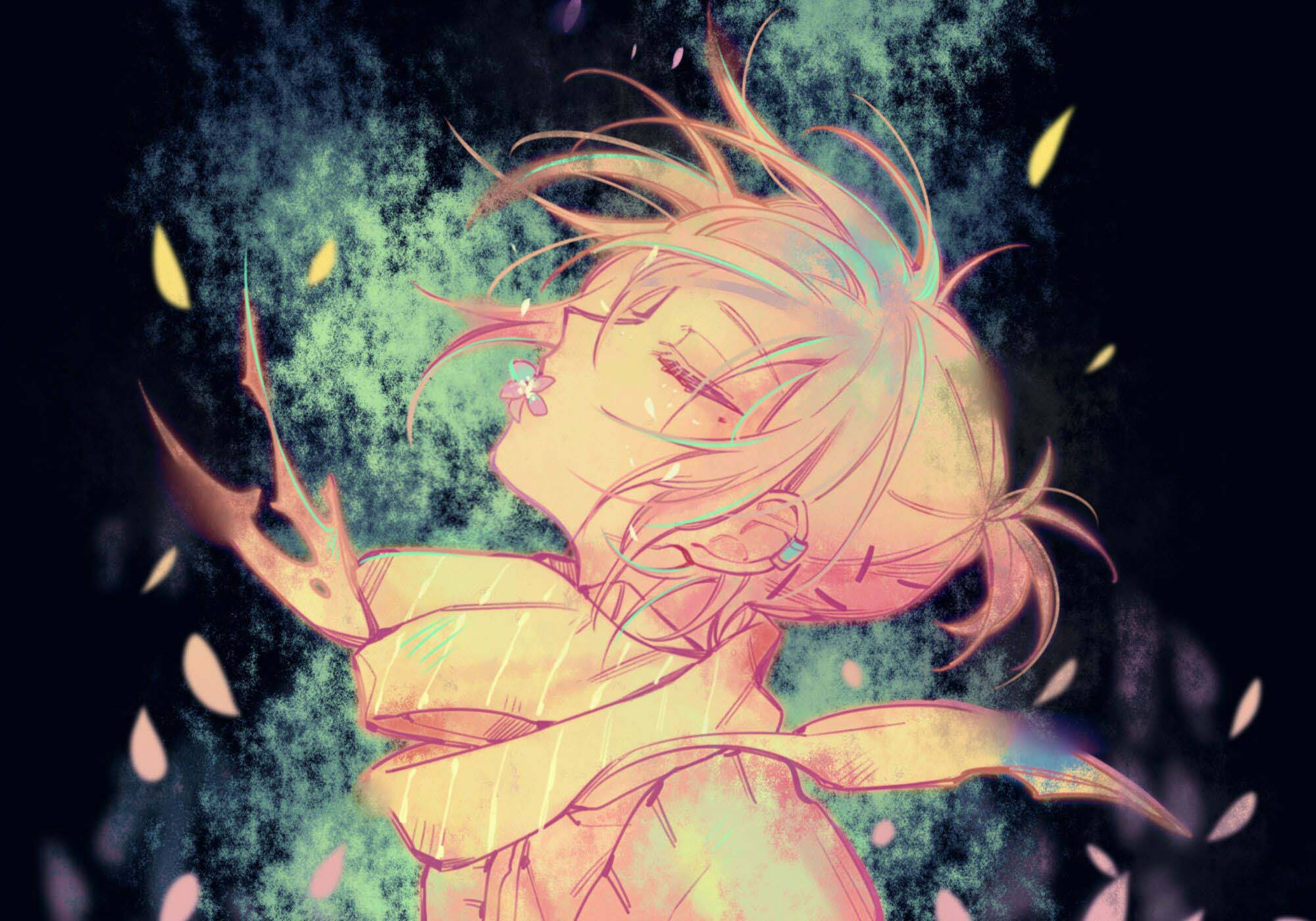 三葉 Sousuke 藝術 壁紙 — 一個快樂的動漫女孩，粉紅色頭髮，頭上戴著花，在櫻花旋轉的綠色光環中大笑。
