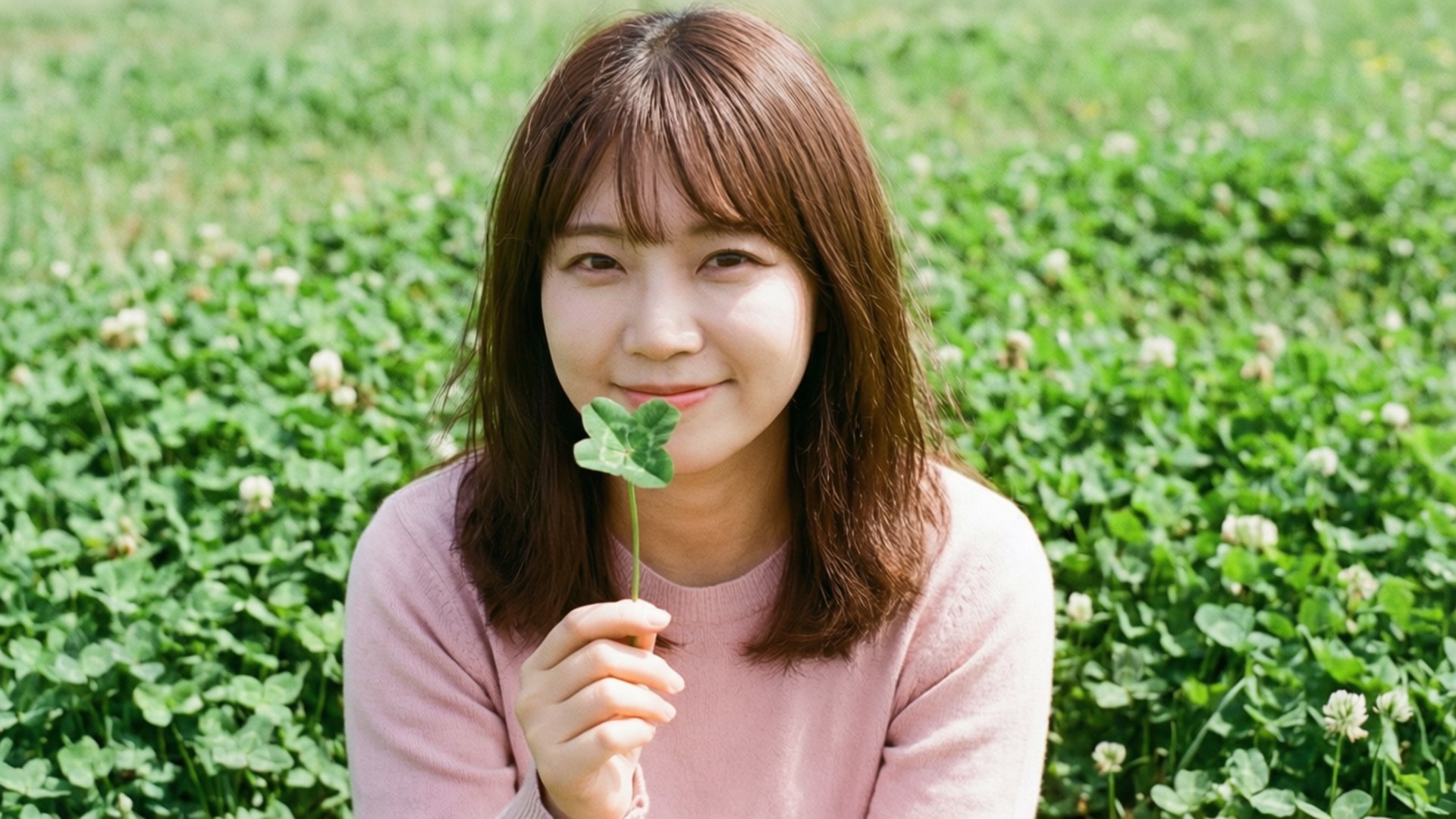 年輕女性在草地上手持四葉草