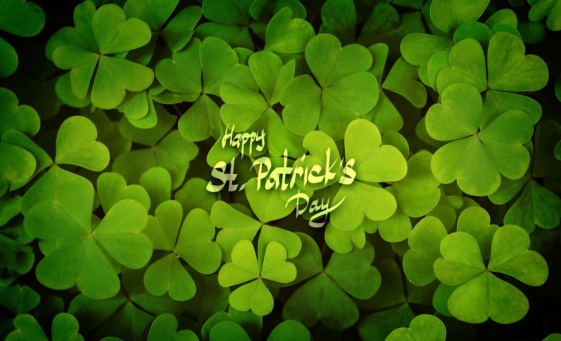 綠色三葉草葉片與Happy St. Patrick's Day文字。