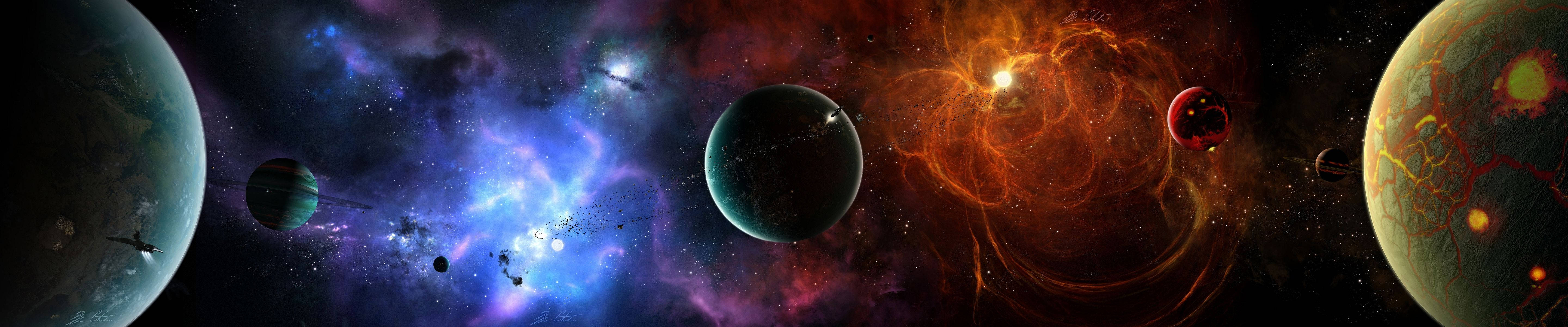 深空中發光的星雲和運行行星的充滿活力的宇宙場景。