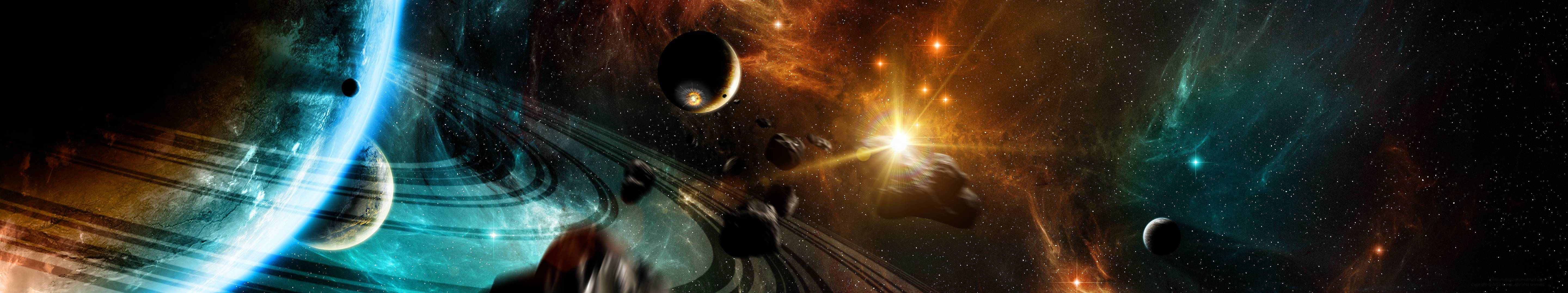 一個充滿活力的宇宙場景，有發光的星雲行星和明亮的星爆。