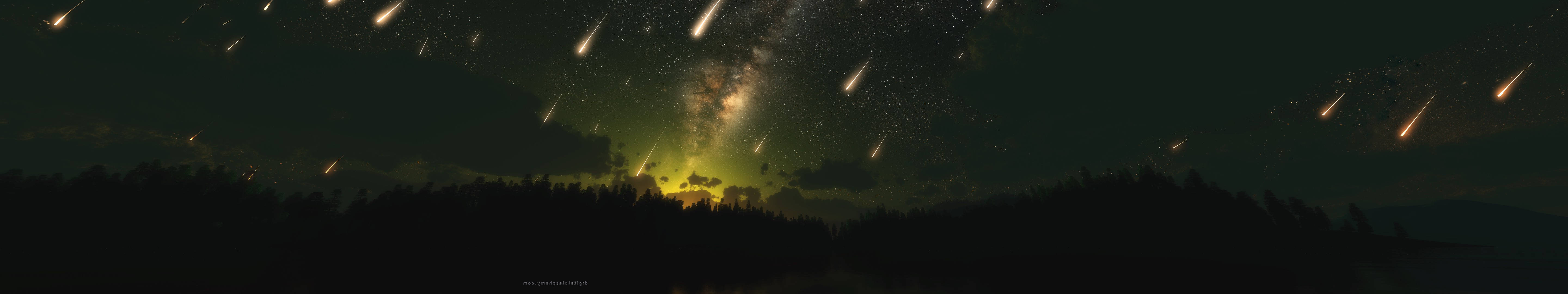 黑暗森林，天空有流星和發光的星星。