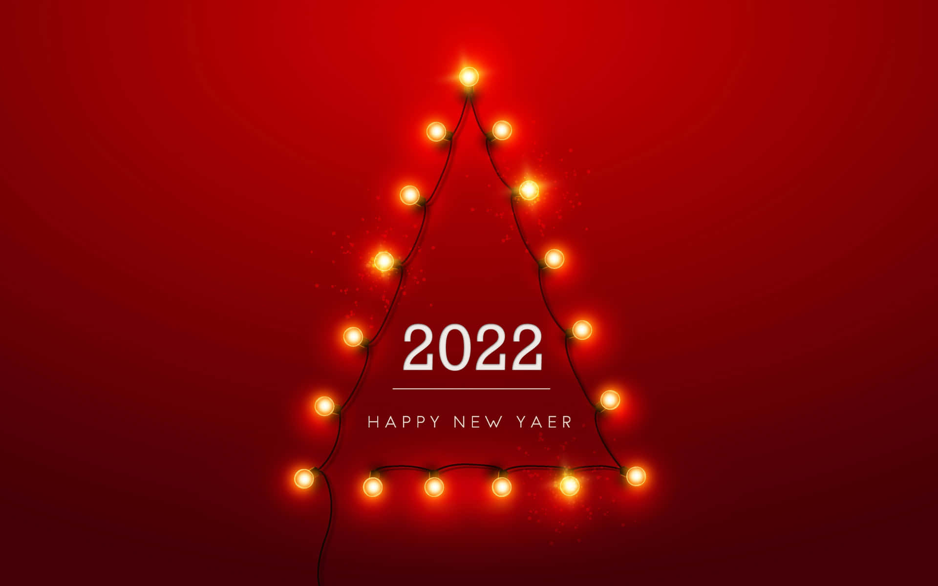 發光燈泡串成樹形，紅色背景上帶有 '2022 HAPPY NEW YAER' 文字。