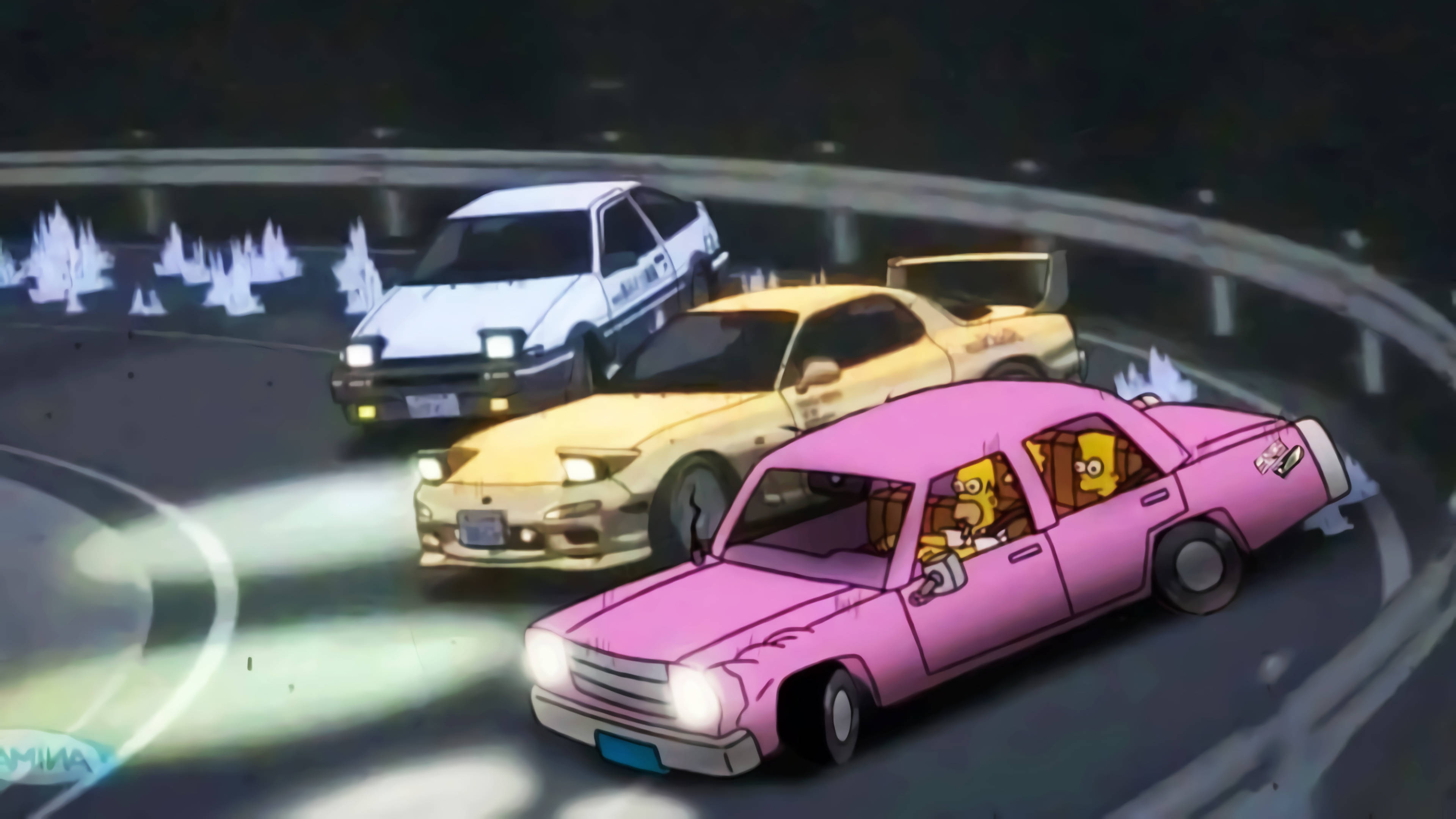 巴特·辛普森 桌布 壁紙 — 三輛動畫車在夜間於雪地賽道上飄移，車頭燈劃破黑暗。