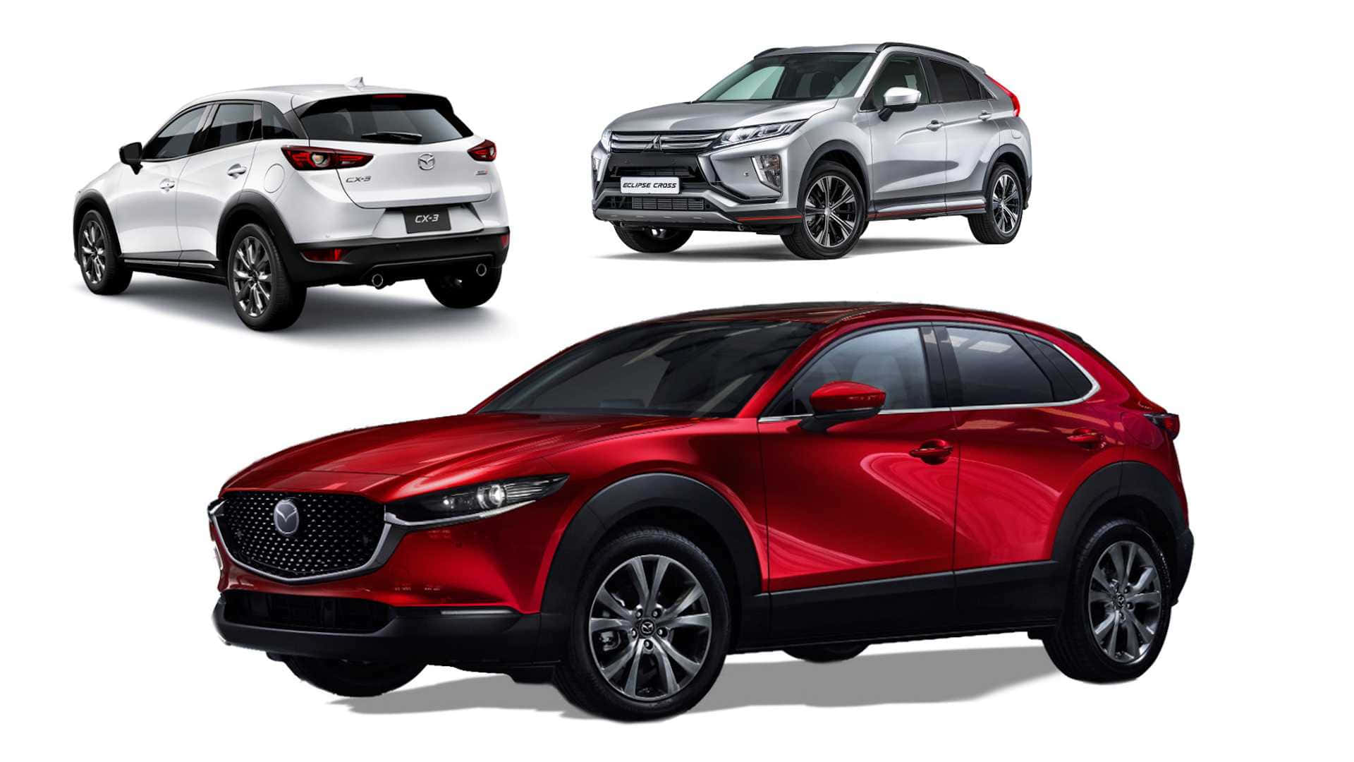 Mazda Cx-30 桌布 壁紙 — 三輛時尚SUV以鮮豔的紅色、白色和銀色展示在潔淨的白色背景上。