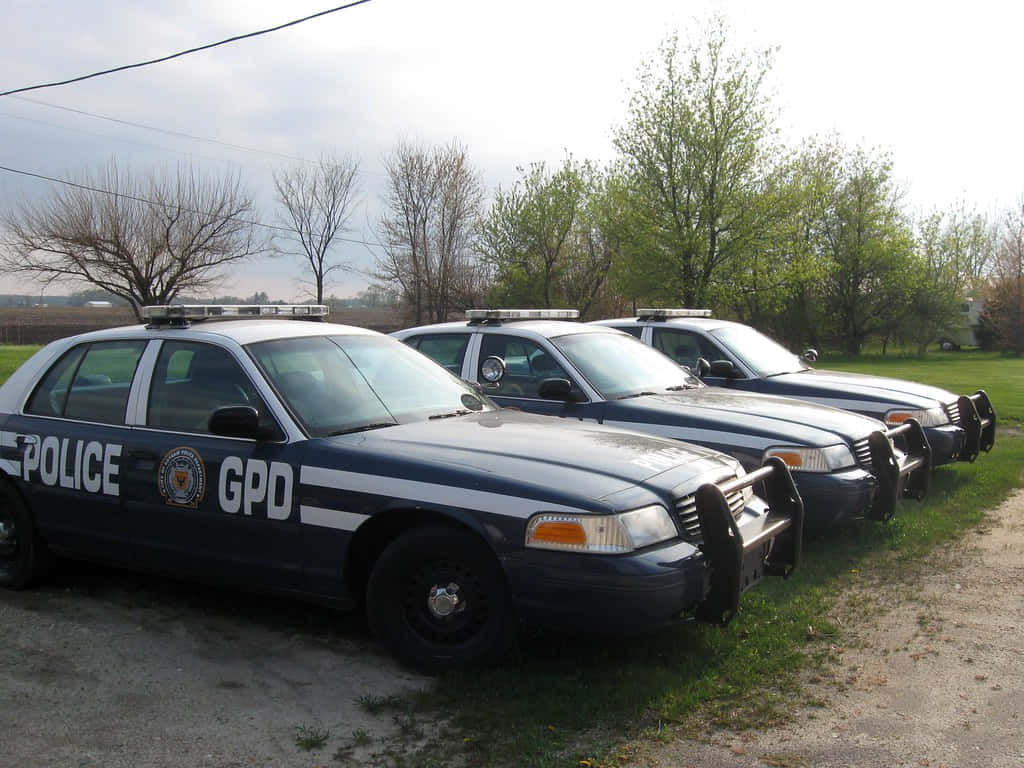 Gotham City Police Department 桌布 壁紙 — 三輛深藍色GPD警車排成一列停泊在草地上，天空多雲，後面有發芽的樹木。