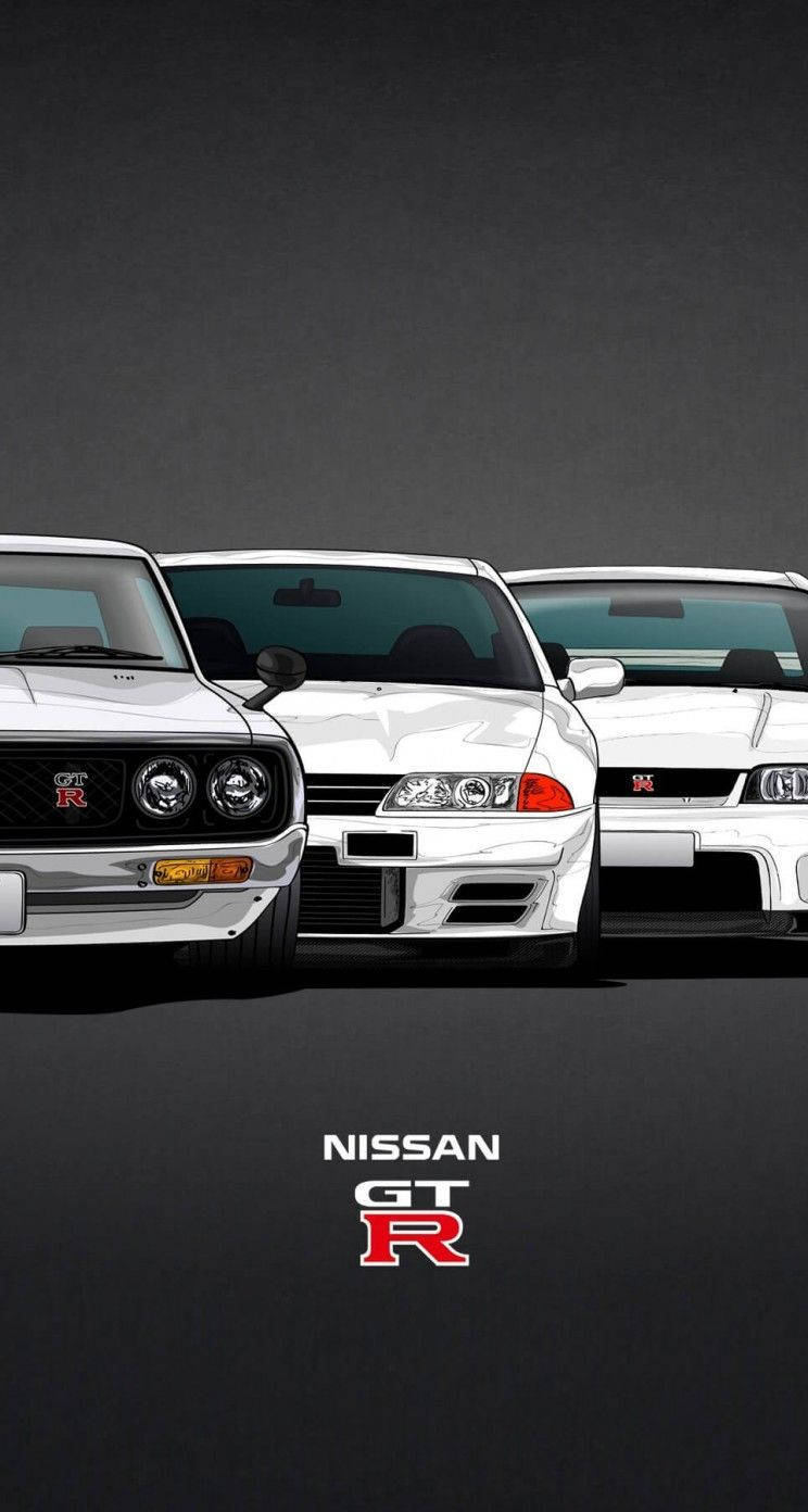 Nissan GTR R34 壁紙 — 三輛白色日產GT-R跑車在深灰色背景前排成一列，下方有日產GT-R標誌。