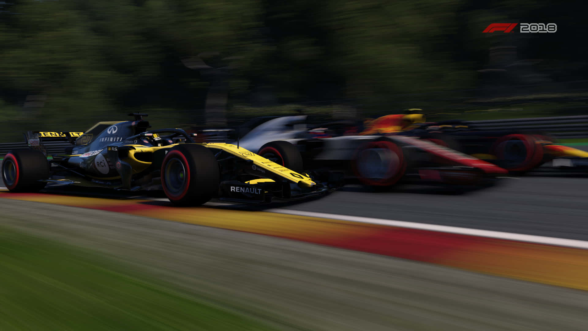 三輛賽車 F1 2018背景 壁紙 — 兩輛一級方程式賽車並排競速，動態模糊傳達高速和激烈競爭。