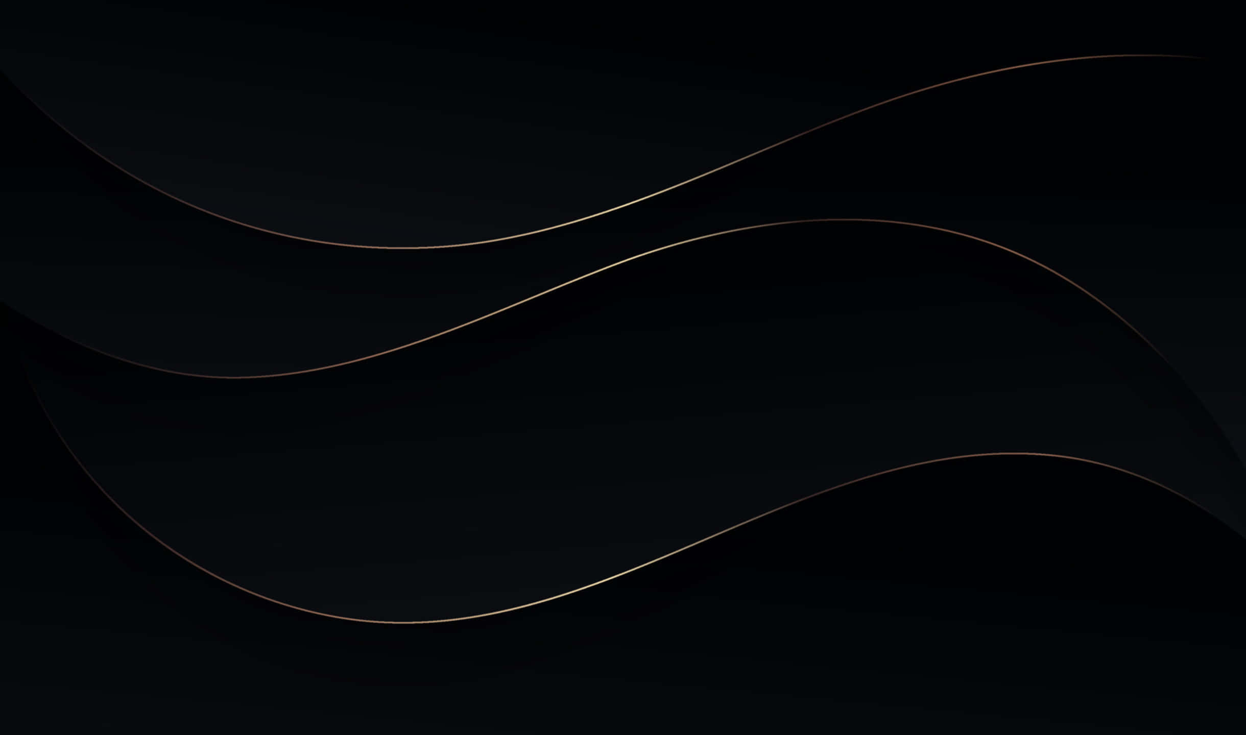 三道黑浪 2440x1440 AMOLED 背景 壁紙 — 優雅的金色波浪線在深黑色漸變背景上滑動，帶有柔和燈光。
