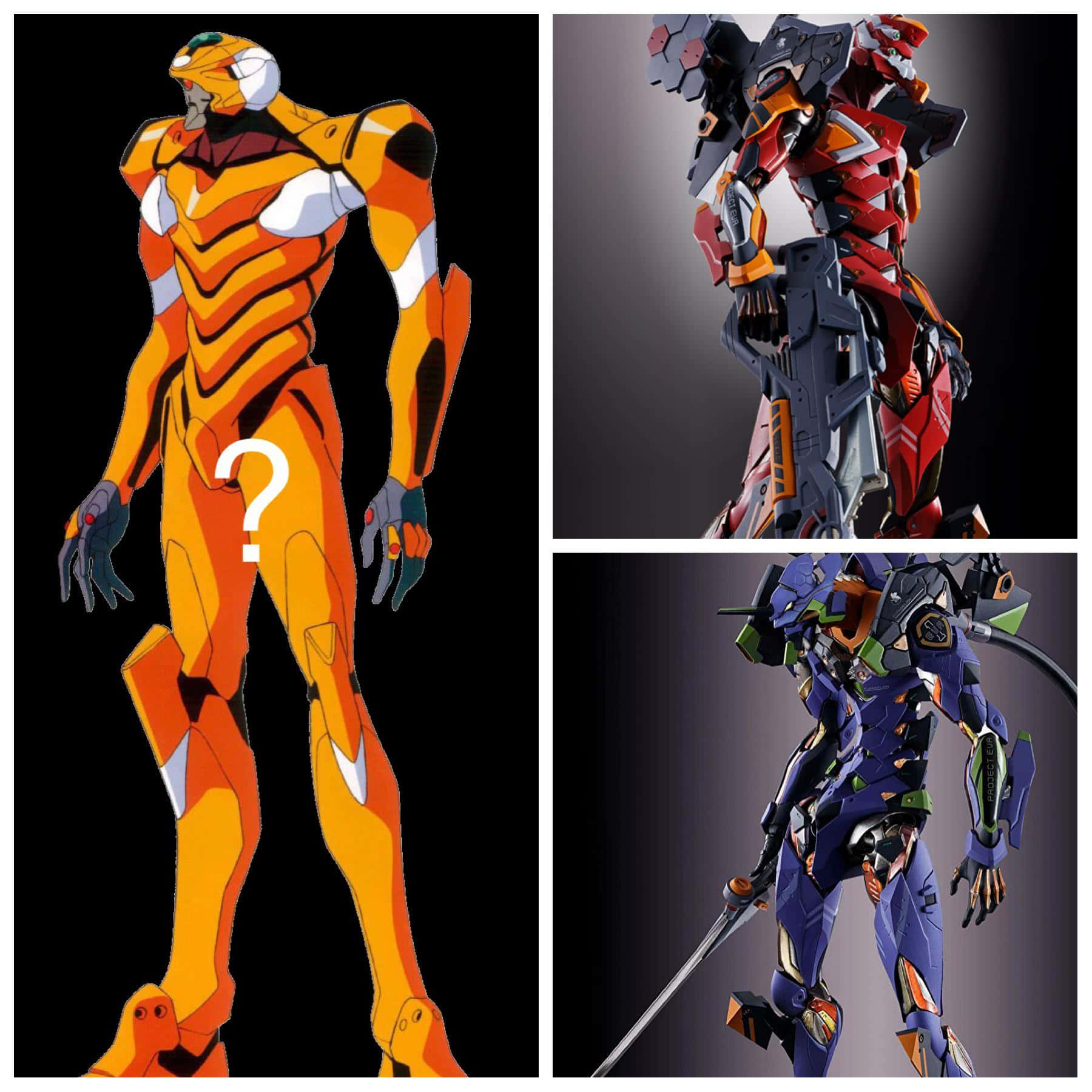 Eva-00 桌布 壁紙 — 三部 Evangelion 機體以戲劇性的姿勢站在深色背景前，展示橙色、紅色和藍色的機械設計。