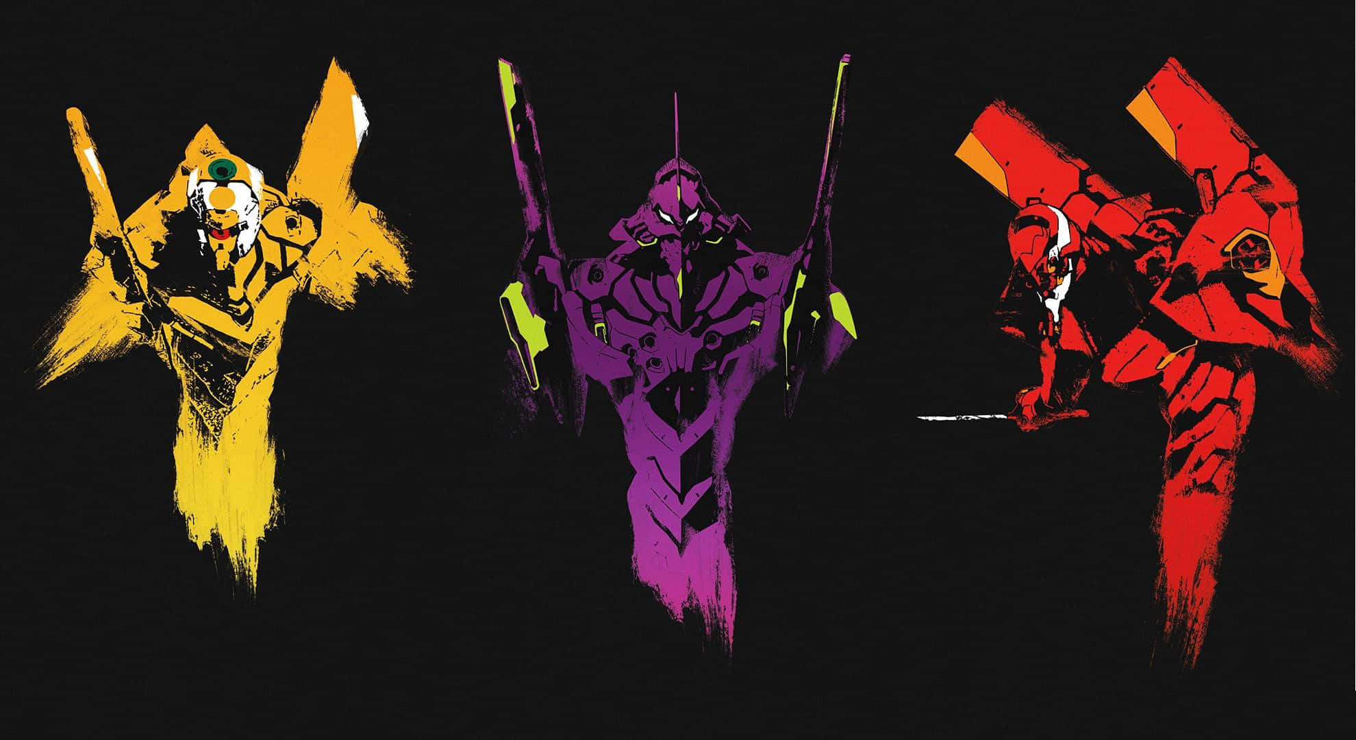 新世紀福音戰士 桌布 壁紙 — 三部風格化的 Evangelion 機體以鮮明的黃色、紫色和紅色，站在帶有筆觸效果的黑色背景前。