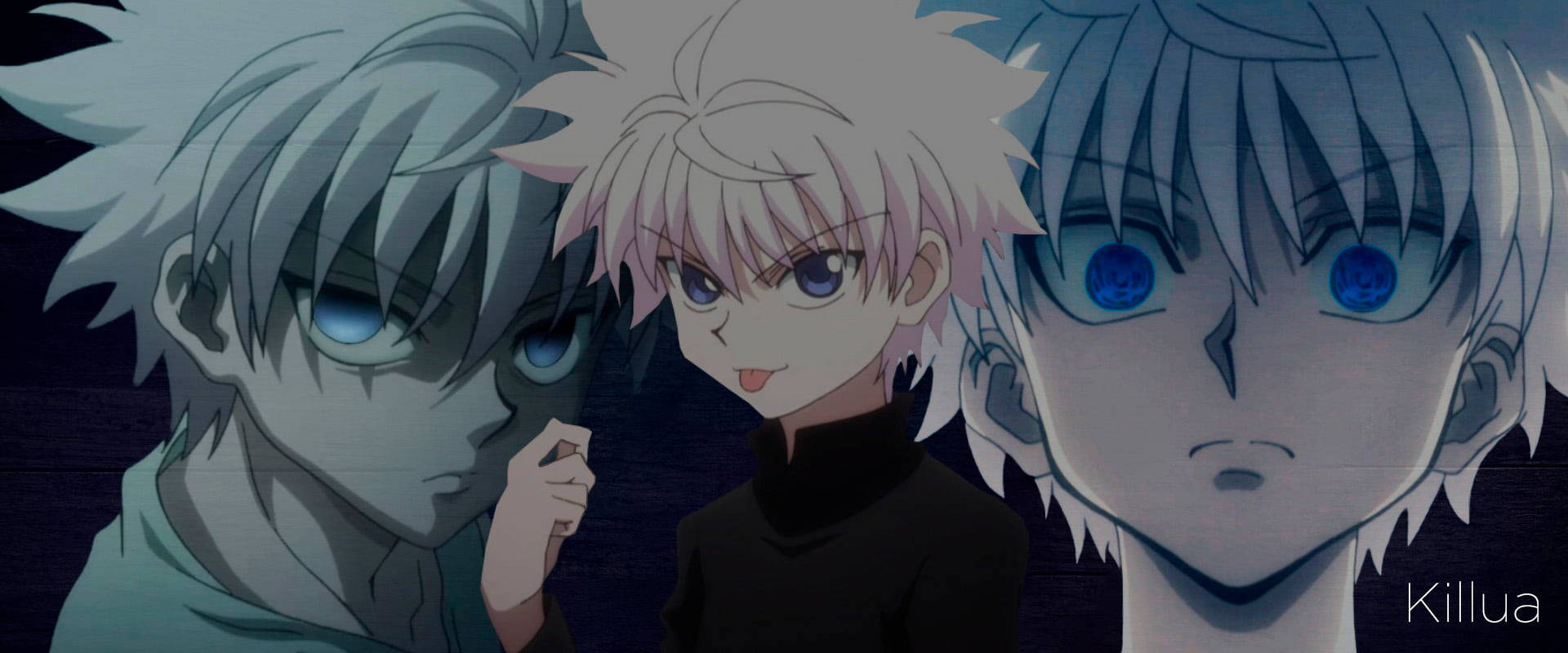 三重 Killua Zoldyck 壁紙 — 三個動漫角色，頭髮尖刺，藍色眼睛，在深色紋理背景前凝視著。