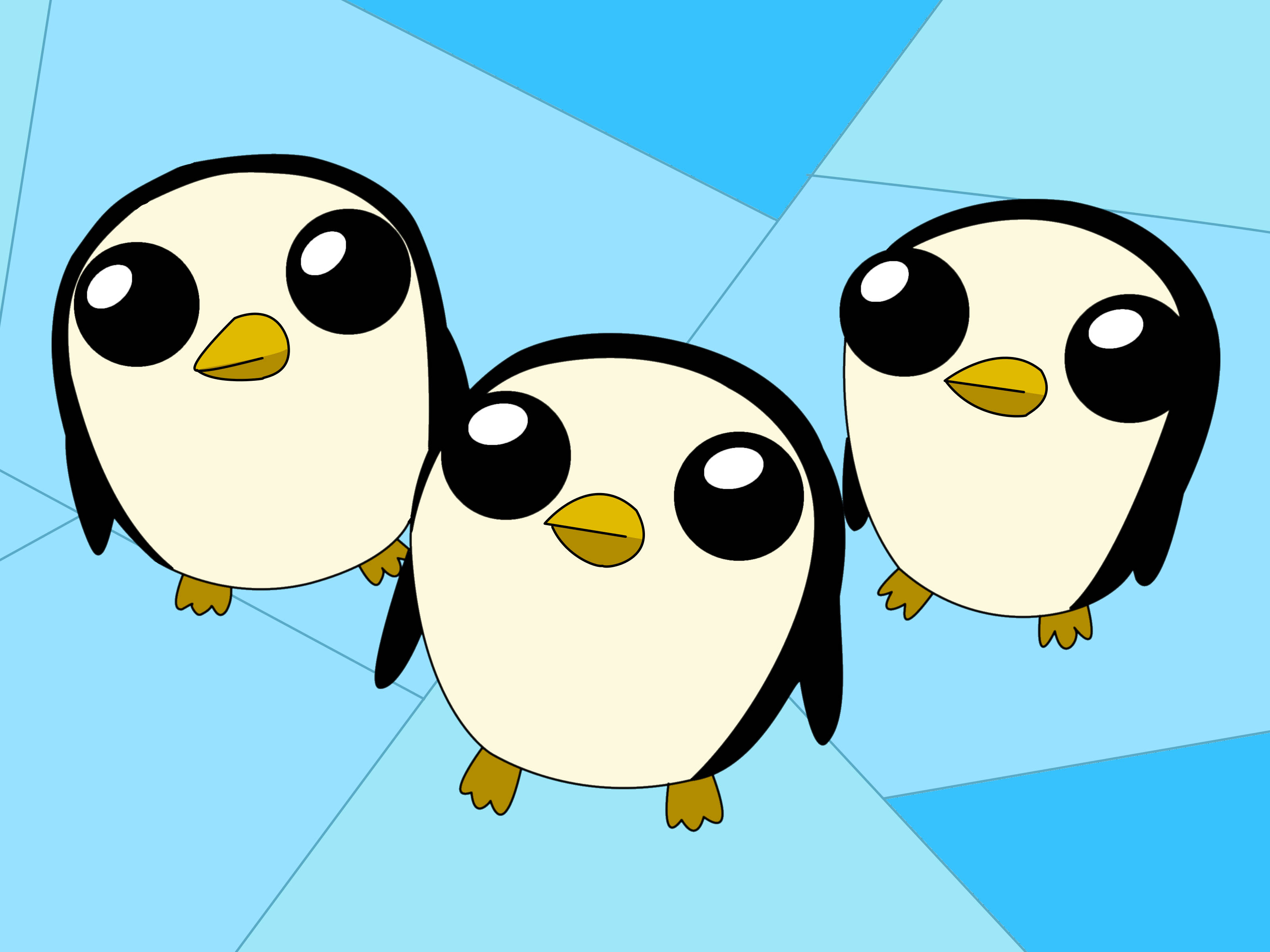 三隻 Gunter Adventure Time 壁紙 — 三隻大眼睛的卡通企鵝站在淺藍色幾何背景上。
