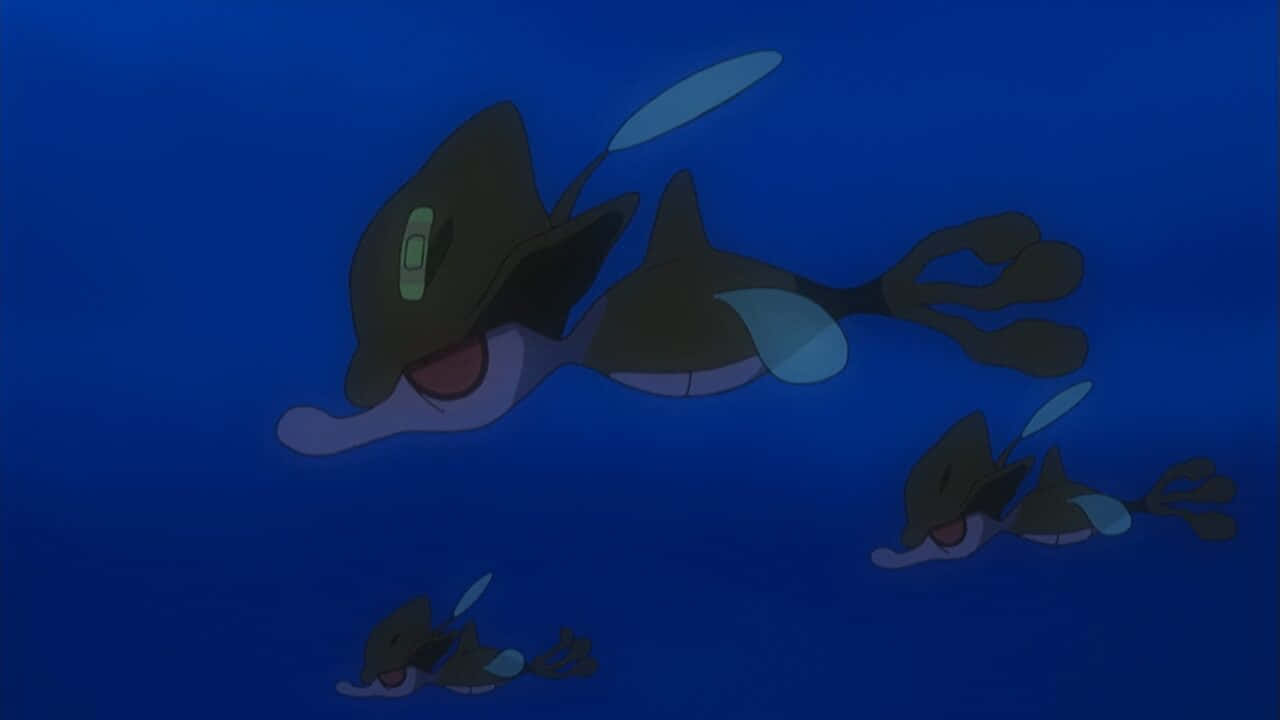 三隻 Skrelp 在海底游泳 壁紙 — 三條深藍色動畫魚，帶有發光的綠色眼睛，優雅地在深海水中游動。