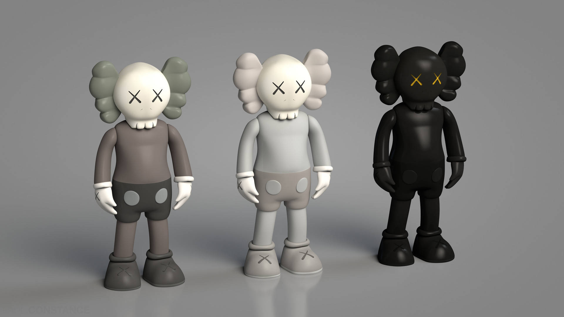 三隻KAWS Companion人偶 壁紙 — 三個KAWS Companion公仔並排站立，以中性色調襯托純灰色背景。