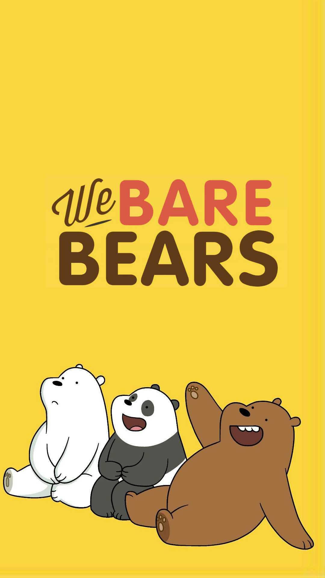 三隻卡通熊與標題 We Bare Bears 坐在一起。
