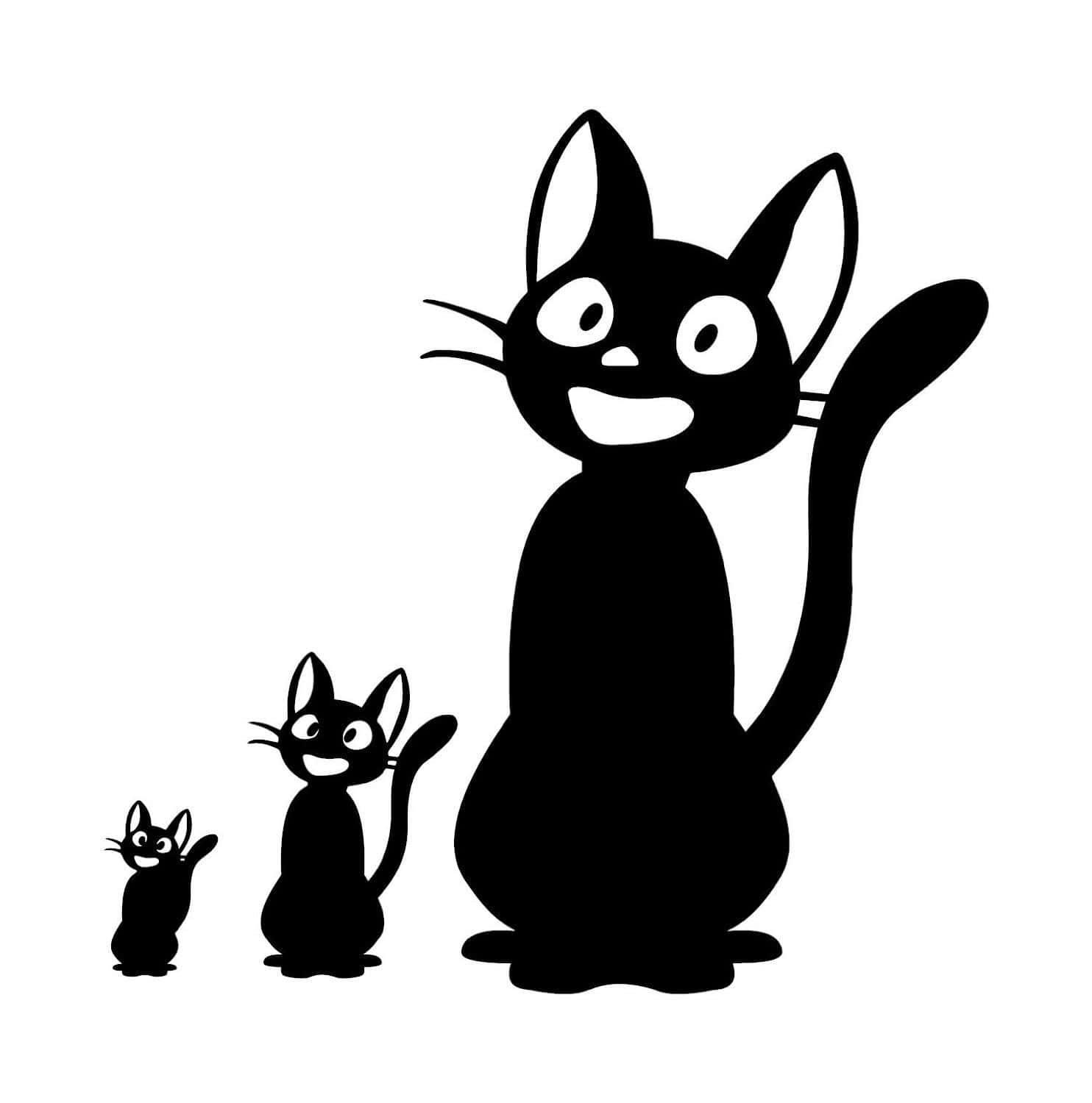 Jiji Cat 桌布 壁紙 — 三隻不同大小的開心黑貓剪影，在純白背景上快樂地揮手。