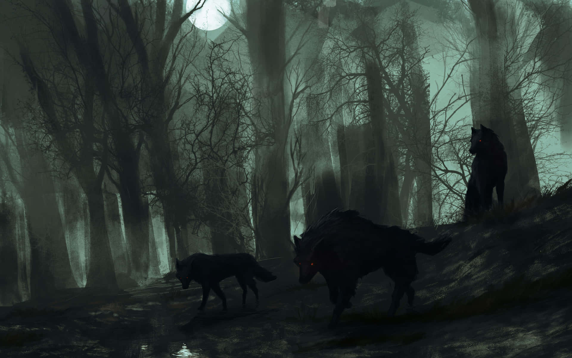 Wolf In Forest 桌布 壁紙 — 三隻令人毛骨悚然的狼，眼睛發出紅光，在月光籠罩、霧氣瀰漫、樹木光禿如骷髏的森林中潛行。