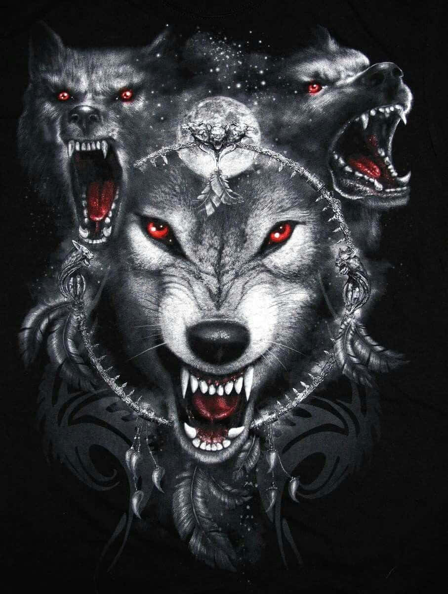 Wolf Tattoo 桌布 壁紙 — 三隻兇猛的狼，眼睛發出紅光，帶有部落裝飾，在黑暗背景下嚎叫。