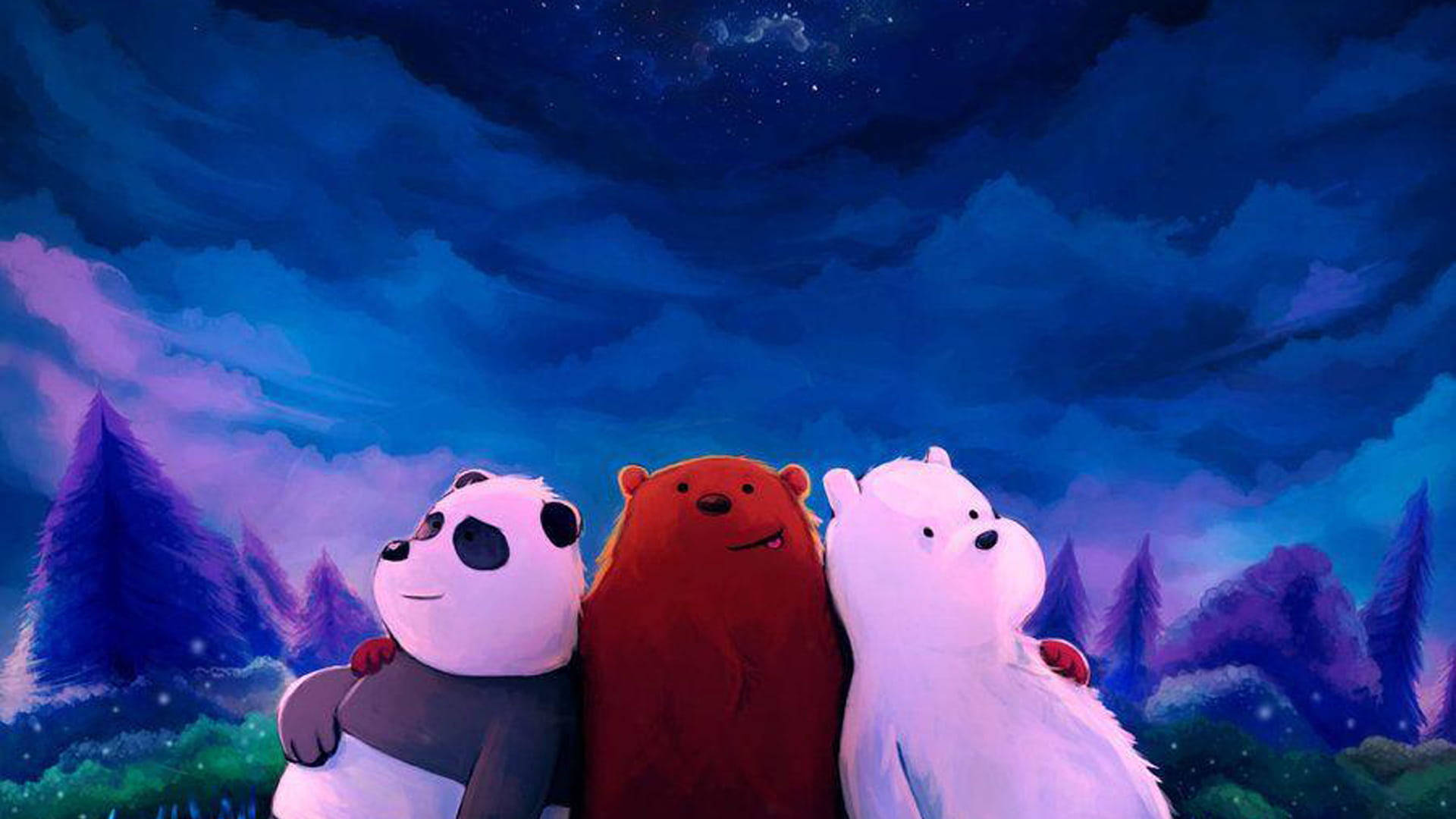 We Bare Bears 桌布 壁紙 — 三隻動畫熊在繁星點點的紫藍色夜空下站在一起，背景有松樹。