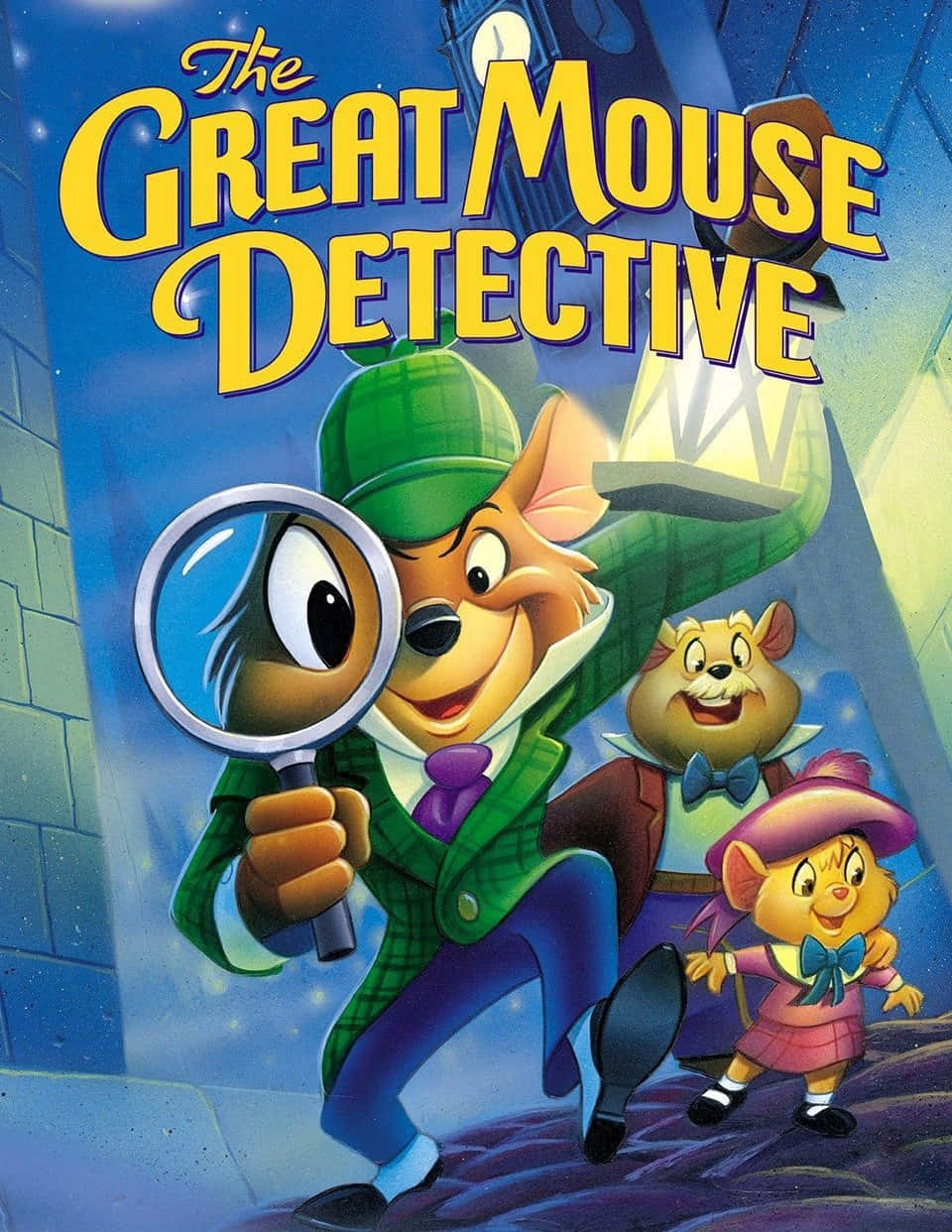 The Great Mouse Detective 桌布 壁紙 — 三隻動畫老鼠偵探穿著偵探裝備，在夜間用放大鏡探索城市小巷。