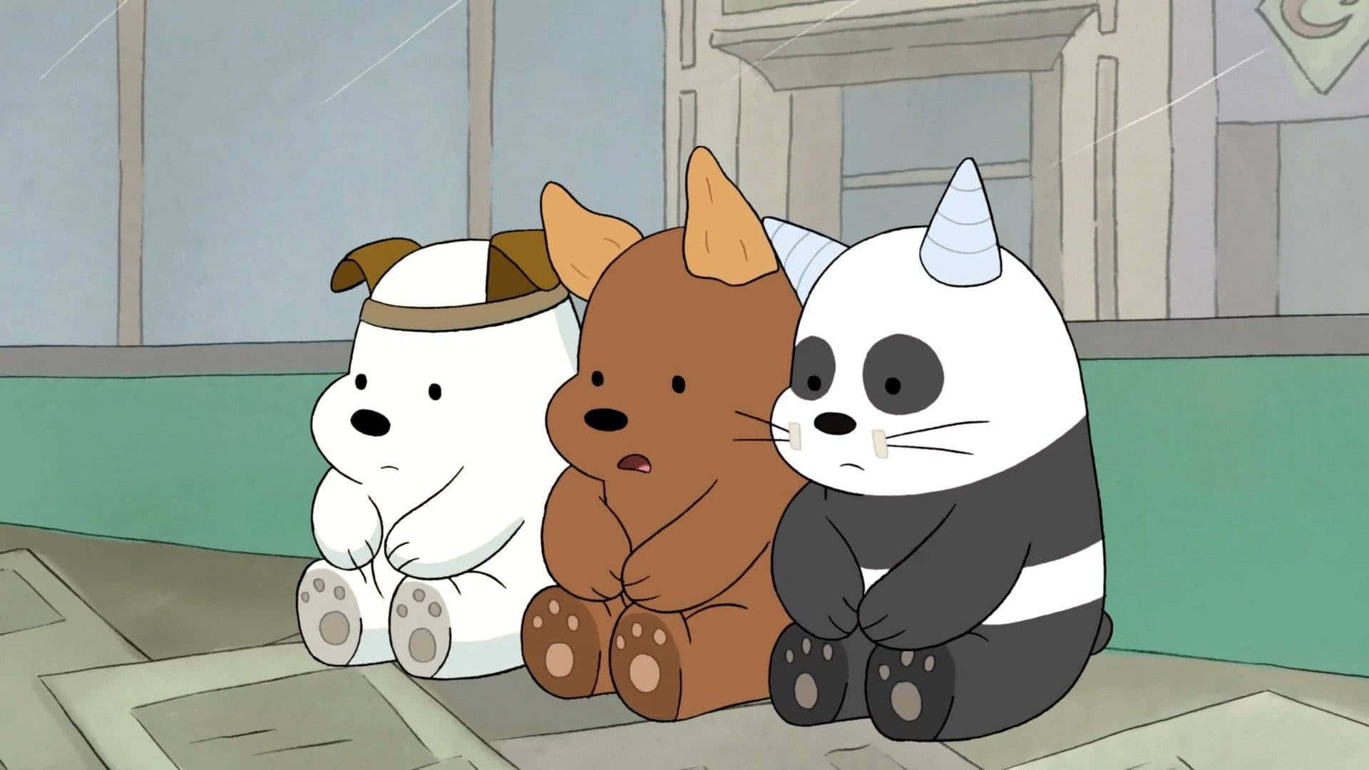We Bare Bears 桌布 壁紙 — 三隻卡通動物，一隻白色北極熊、一隻棕色狐狸和一隻有獨角獸角的熊貓，一起坐在瓷磚地板上，看起來很傷心。