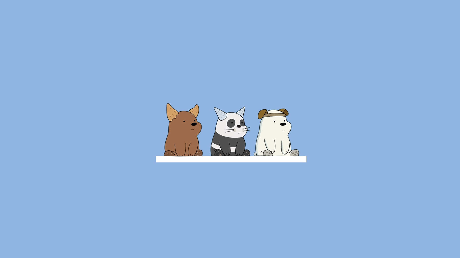 We Bare Bears 桌布 壁紙 — 三隻卡通動物並排坐在白色窗台上，背景為純藍色。