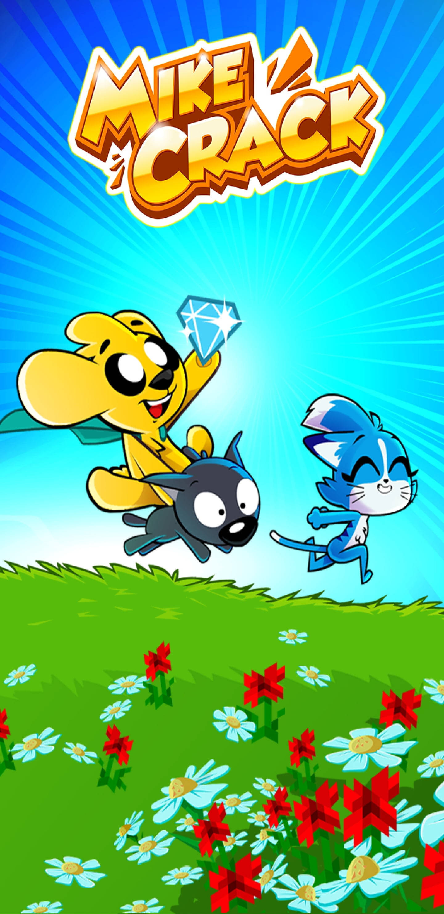 game 桌布 壁紙 — 三隻卡通動物在明亮的藍天下，穿過花田賽跑，並有鑽石和遊戲標題。