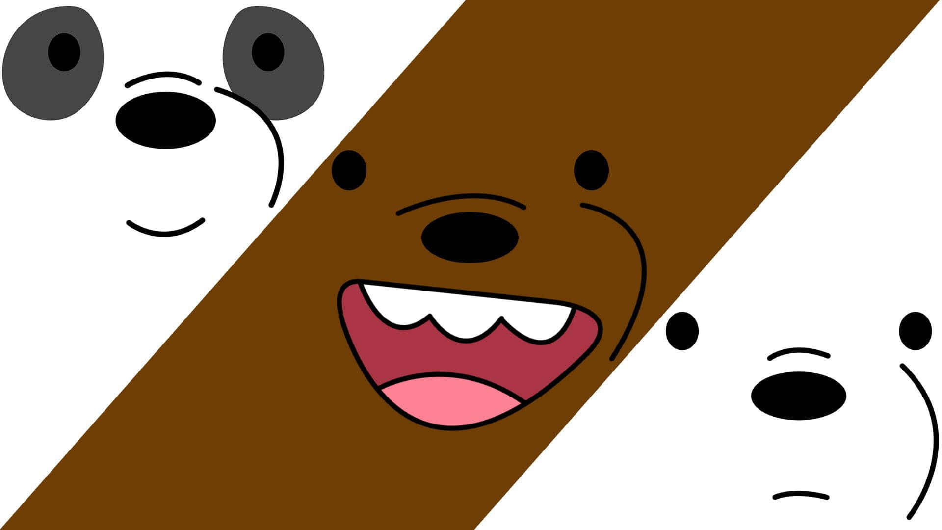 We Bare Bears 桌布 壁紙 — 三隻卡通熊，帶有簡單的黑色輪廓和大膽的顏色，在對角線的白色和棕色條紋上微笑和皺眉。