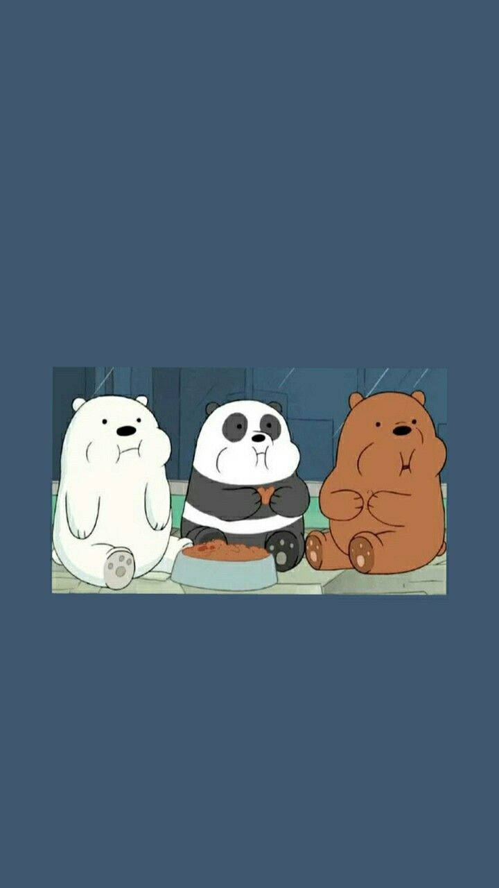 We Bare Bears 桌布 壁紙 — 三隻卡通熊一起坐在燈光昏暗的房間裡，中間放著一個食物碗。