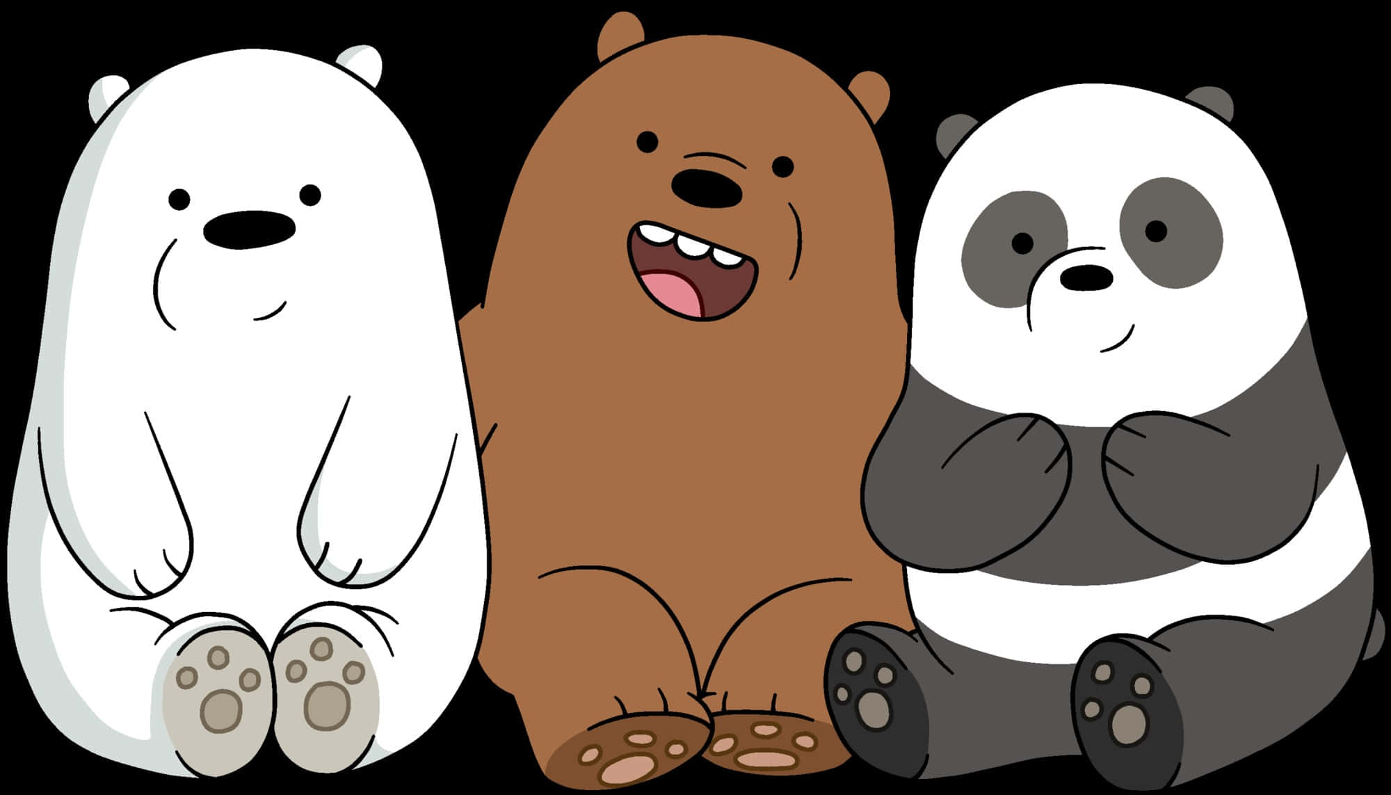 Kawaii Bear 桌布 壁紙 — 三隻卡通熊並排坐在黑色背景前，表情簡單而富有表現力。