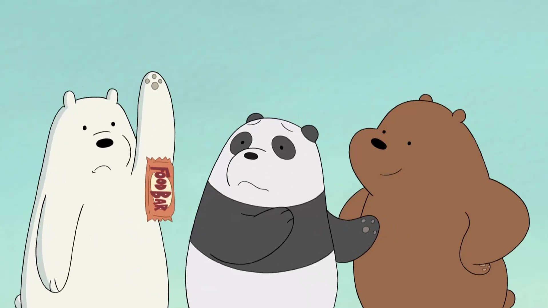We Bare Bears 桌布 壁紙 — 三隻卡通熊並排站在青綠色背景前，其中一隻拿著Pop Bar包裝紙。
