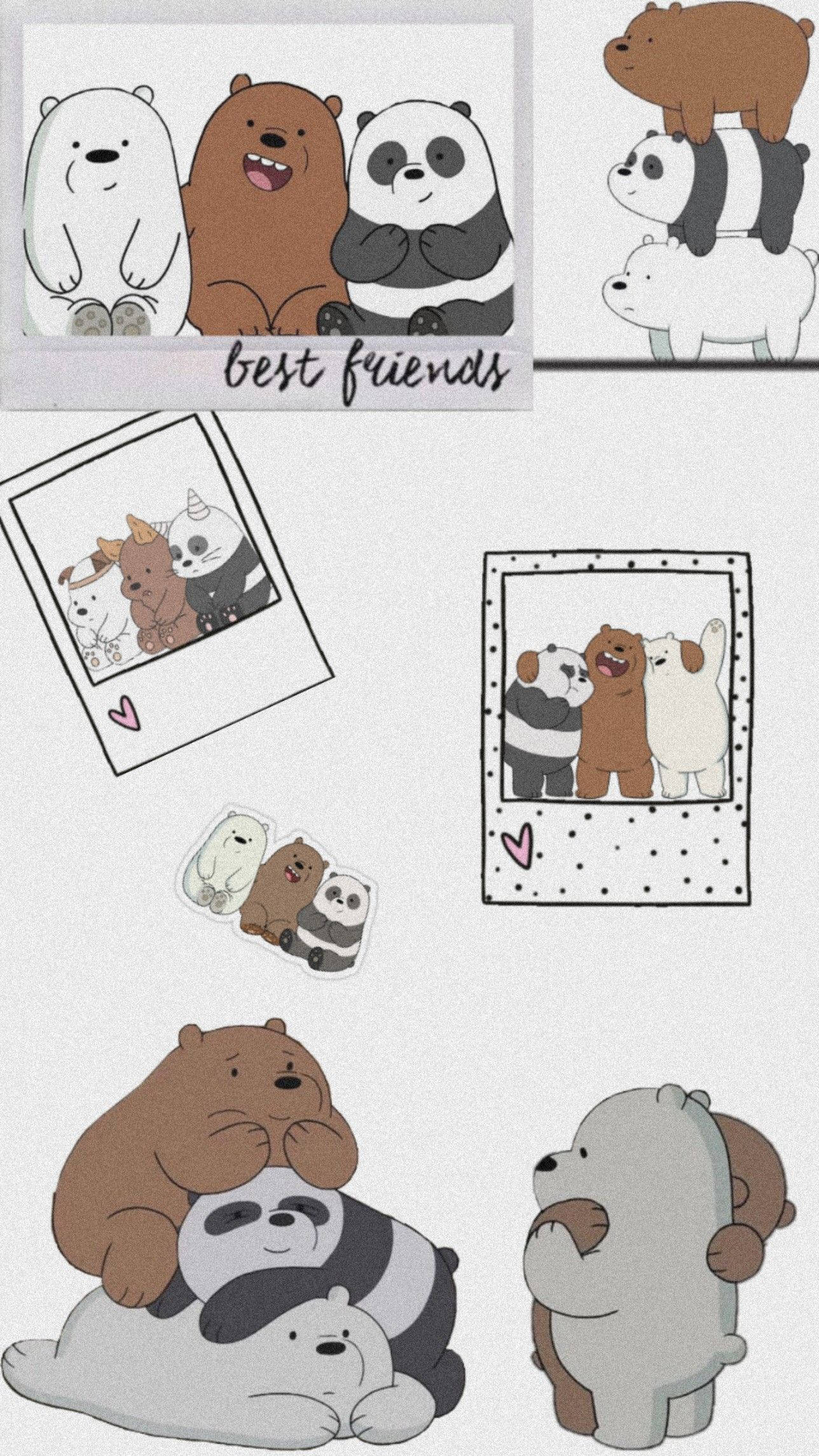 We Bare Bears 桌布 壁紙 — 三隻卡通熊以各種俏皮姿勢和寶麗來風格框架，置於淺灰色背景上。