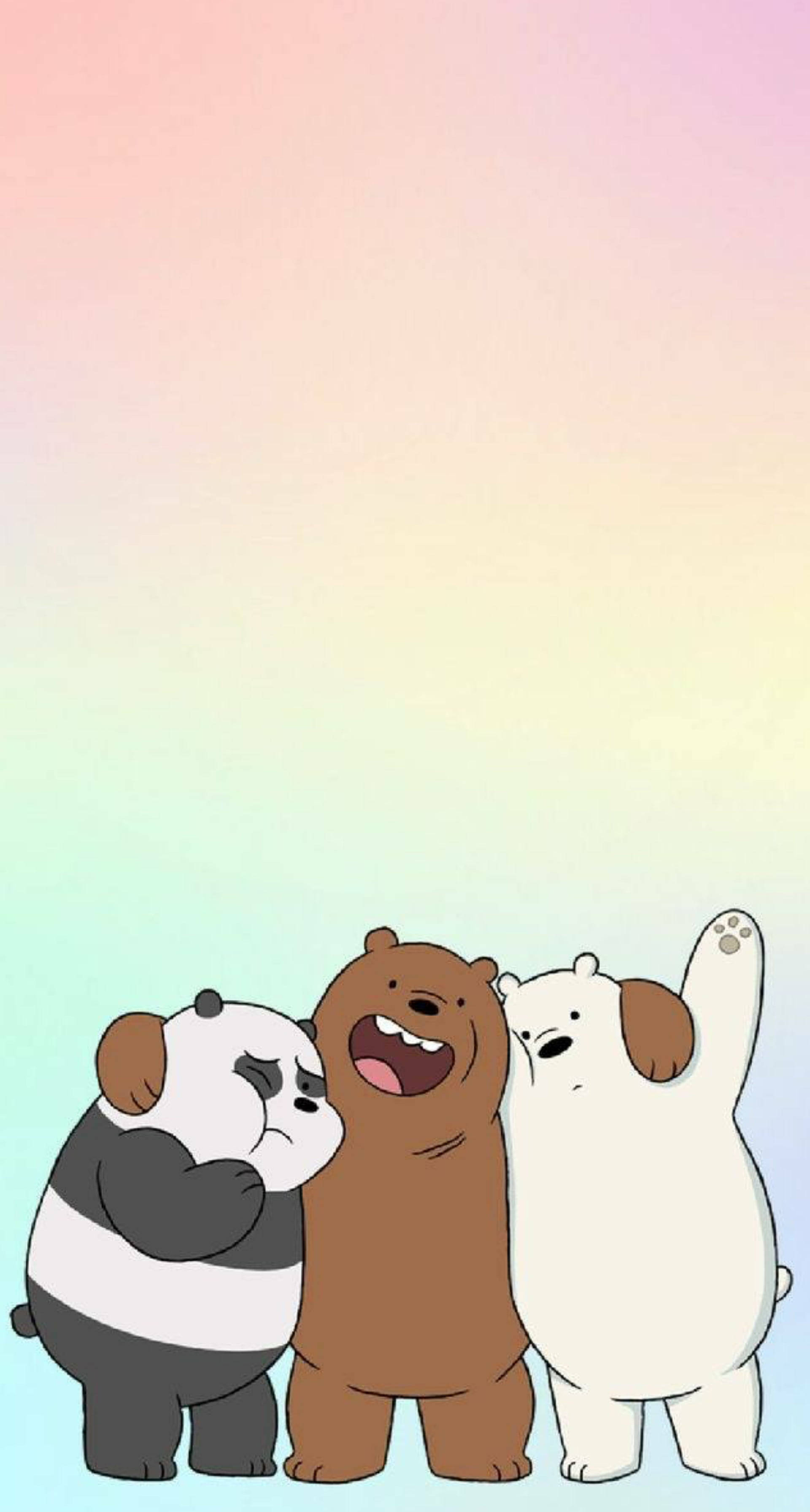 We Bare Bears 桌布 壁紙 — 三隻卡通熊企喺柔和嘅粉彩漸變天空前面，其中一隻開心咁笑緊。