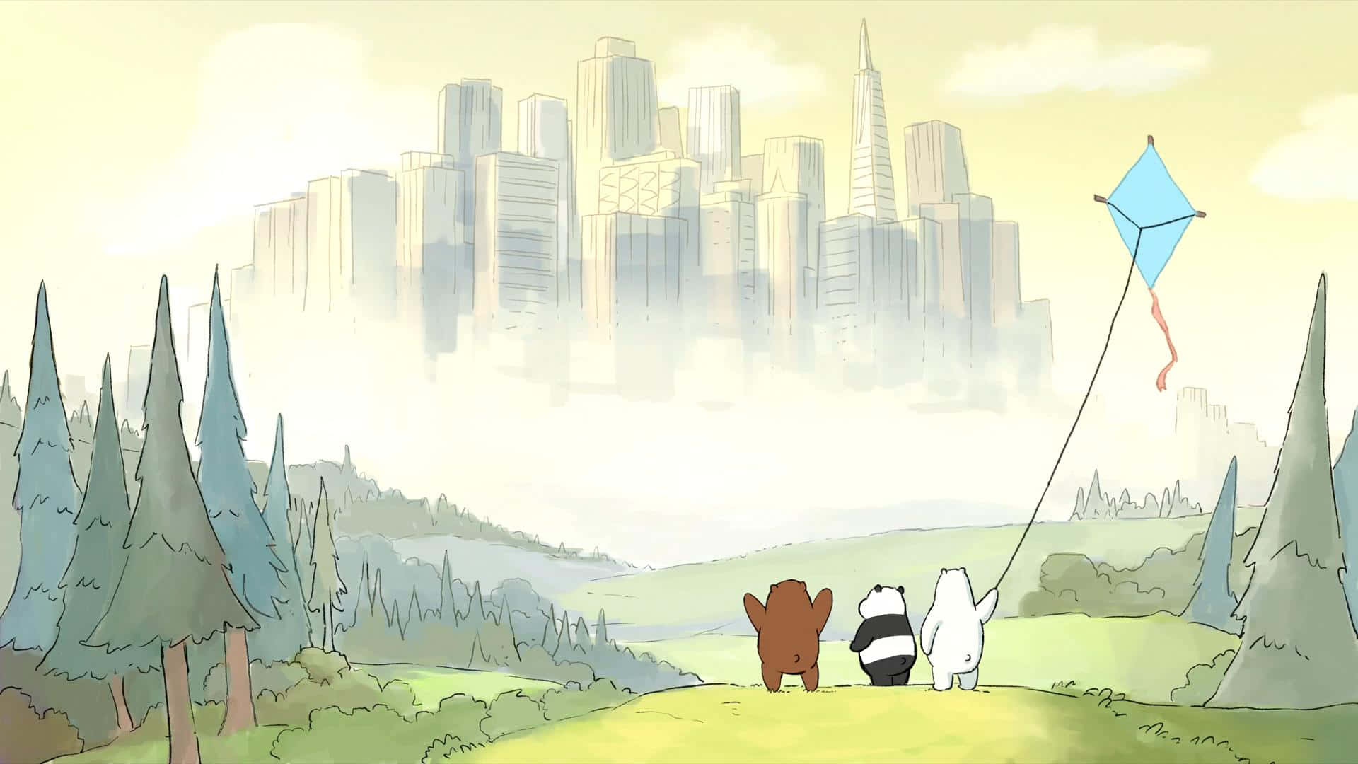 We Bare Bears 桌布 壁紙 — 三隻卡通熊喺一個草地山丘上放緊一隻藍色風箏，俯瞰住一個被松樹框住嘅朦朧城市天際線。